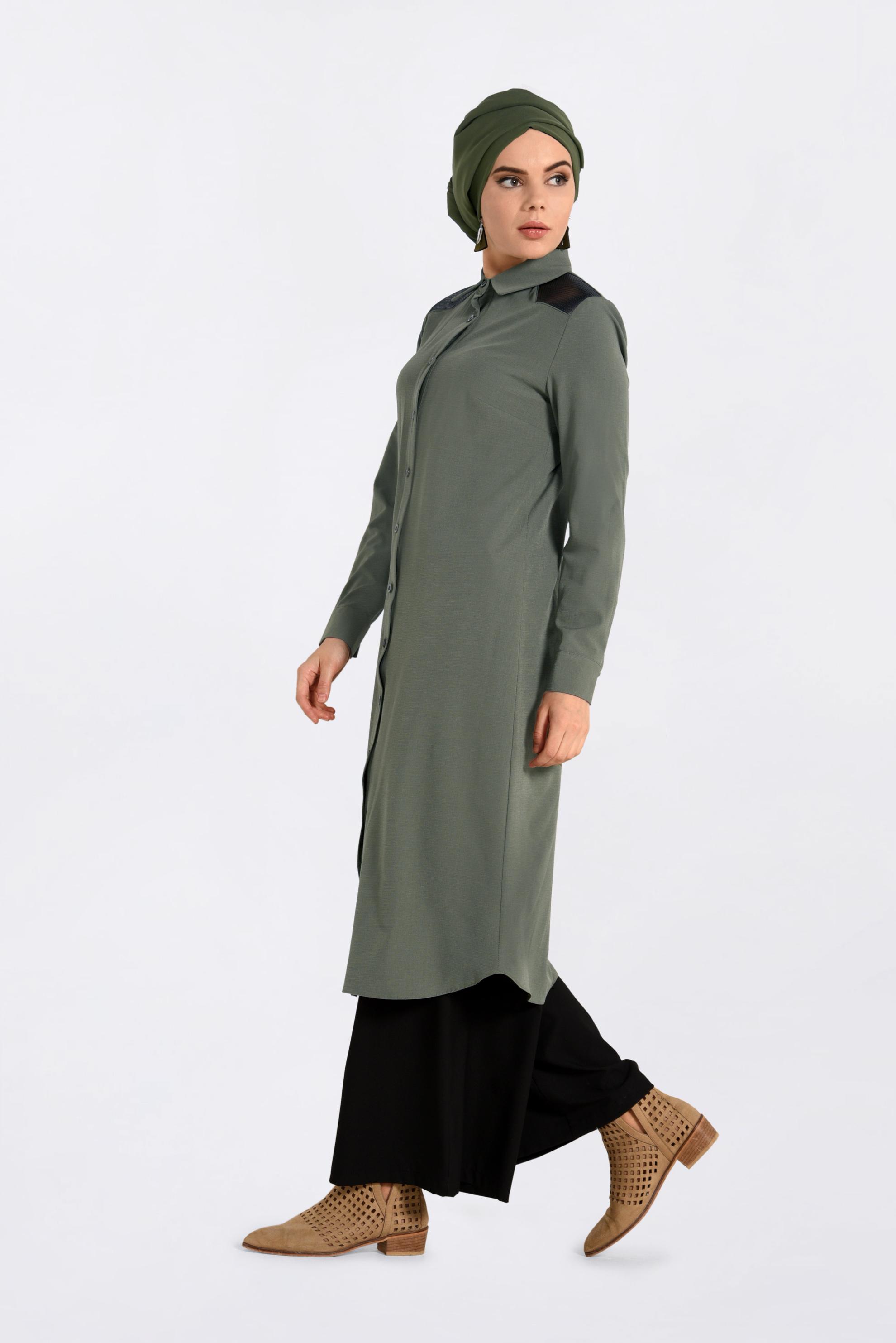 Tesettür giyim HAKİ OMUZLARI PAYETLİ UZUN TUNİK 4383