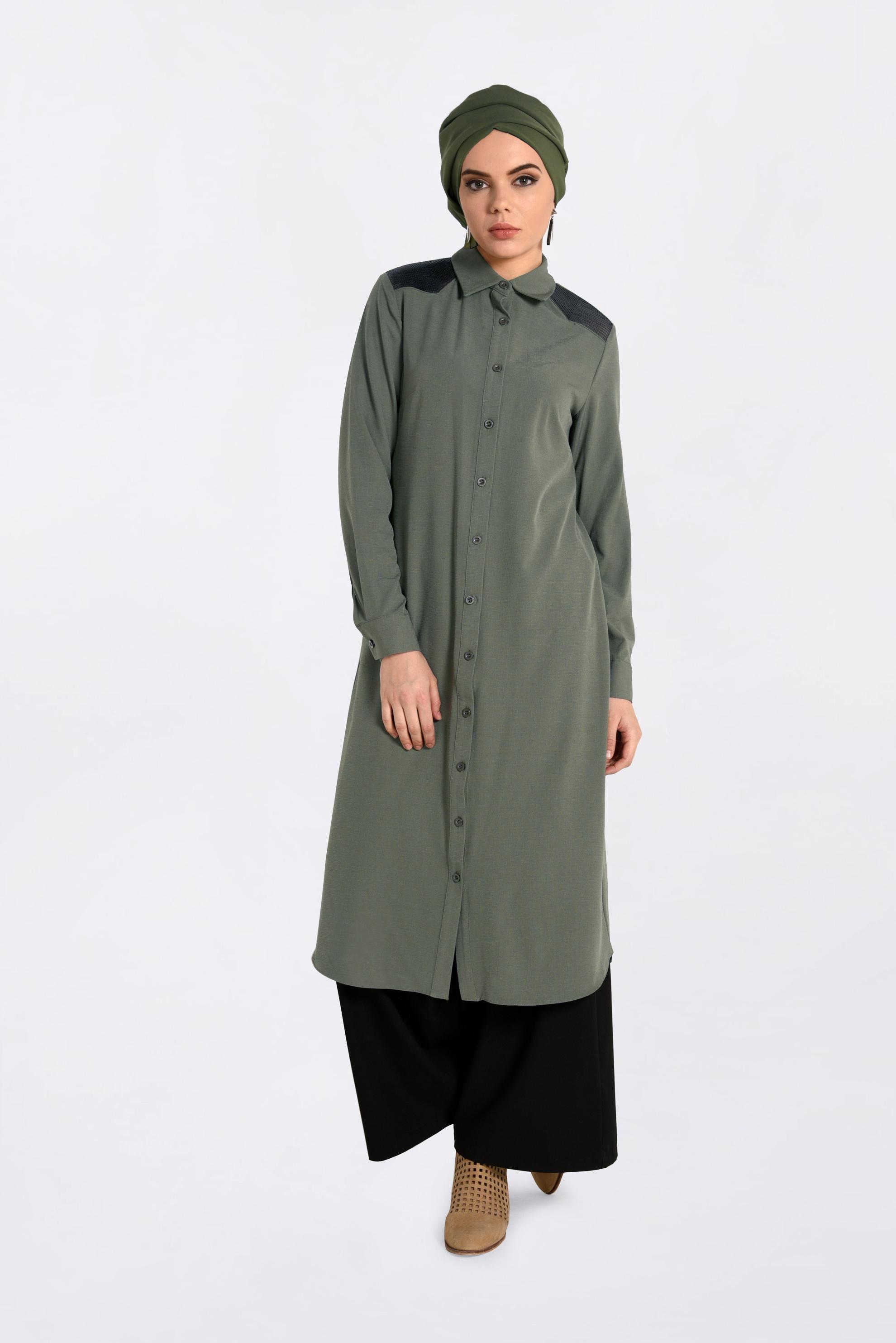 Tesettür giyim HAKİ OMUZLARI PAYETLİ UZUN TUNİK 4383