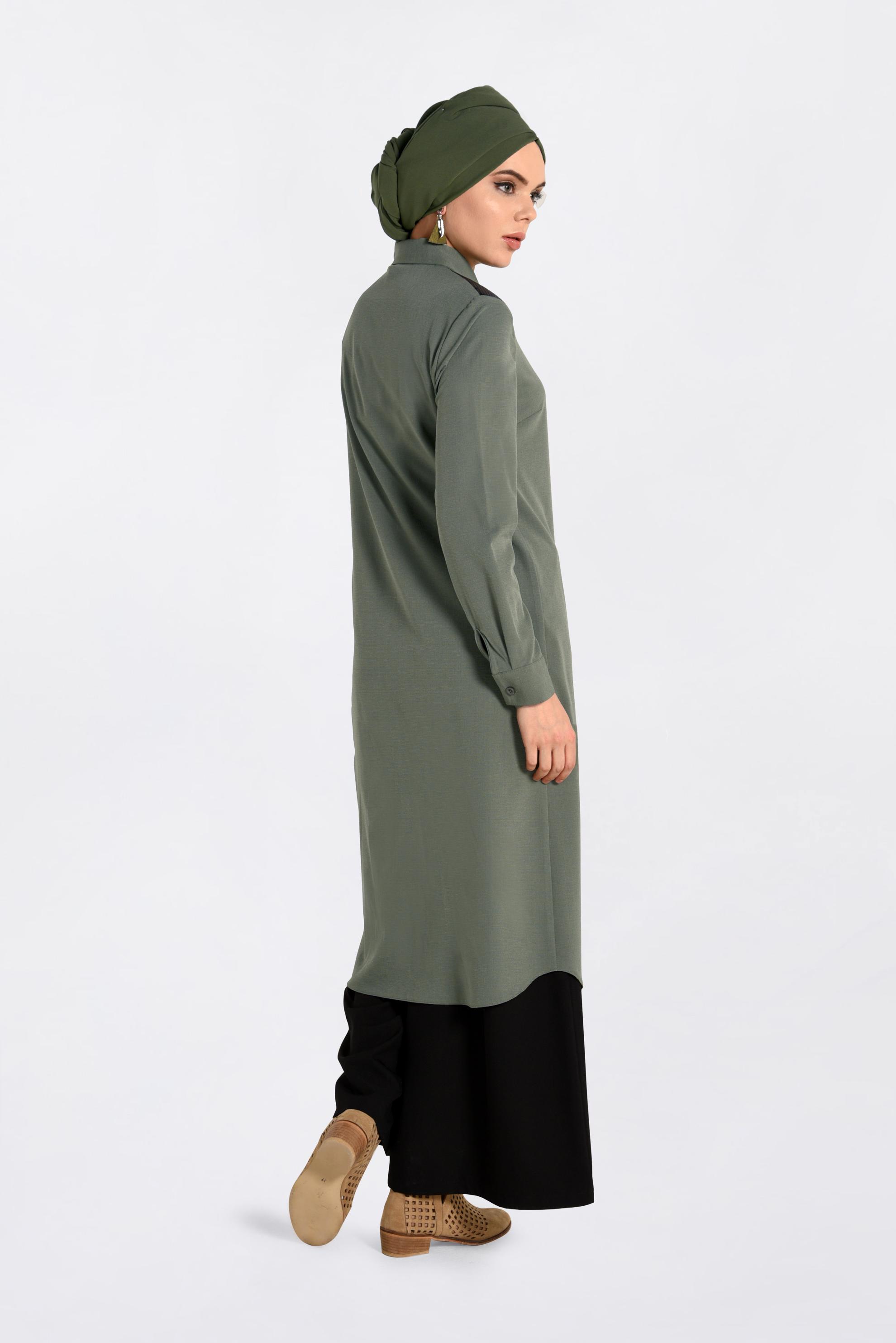 Tesettür giyim HAKİ OMUZLARI PAYETLİ UZUN TUNİK 4383