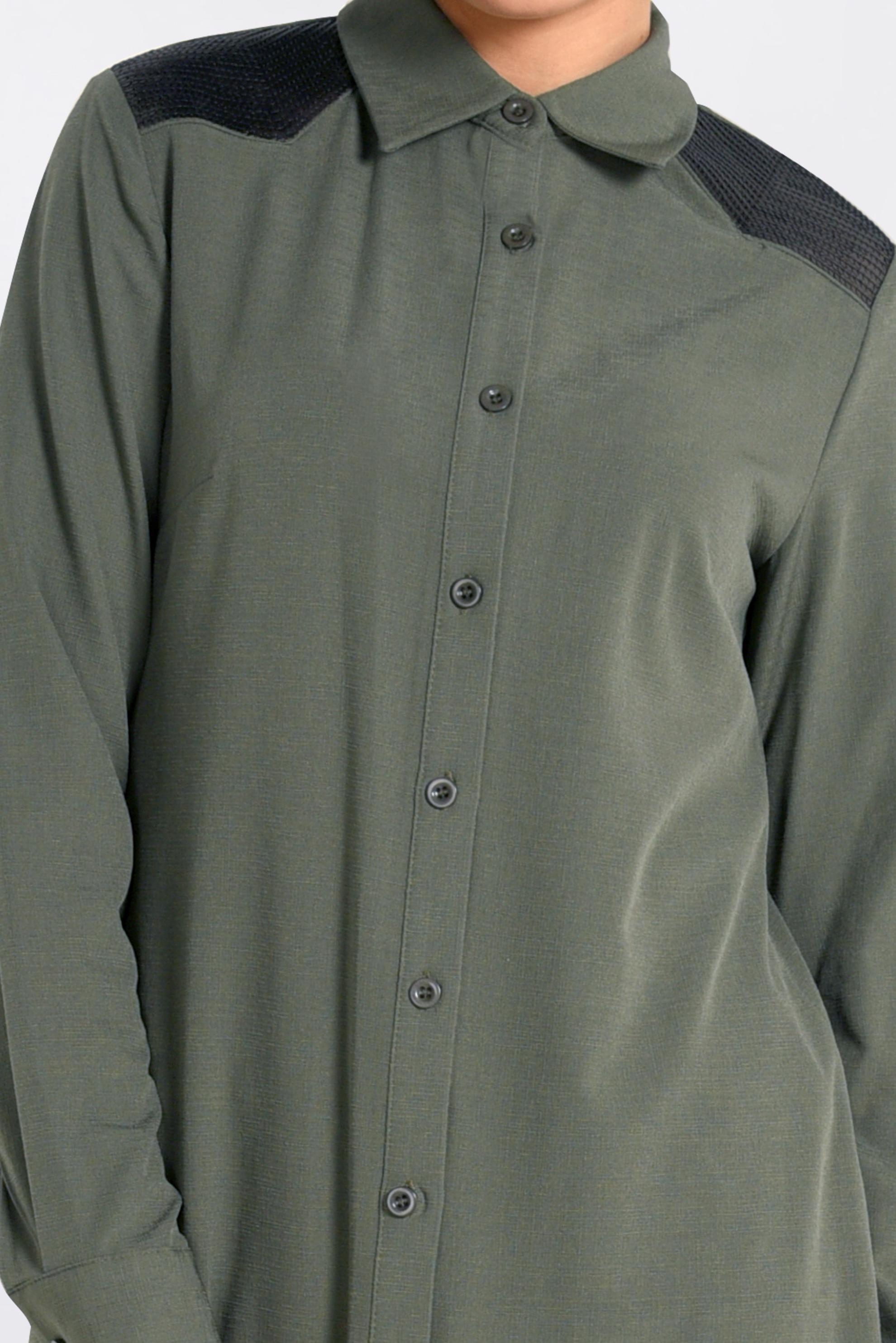 Tesettür giyim HAKİ OMUZLARI PAYETLİ UZUN TUNİK 4383