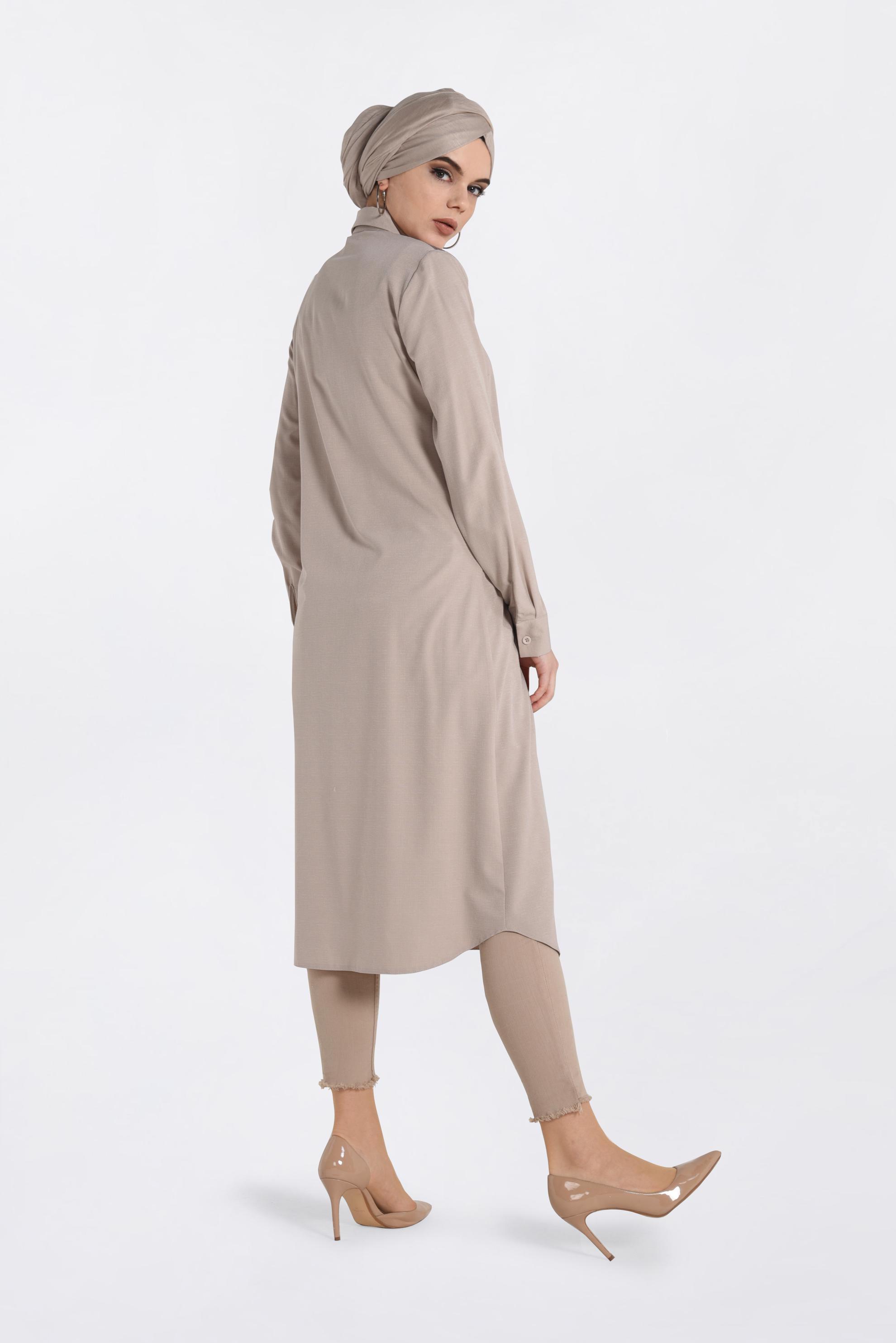 Tesettür giyim BEJ OMUZLARI PAYETLİ UZUN TUNİK 4383