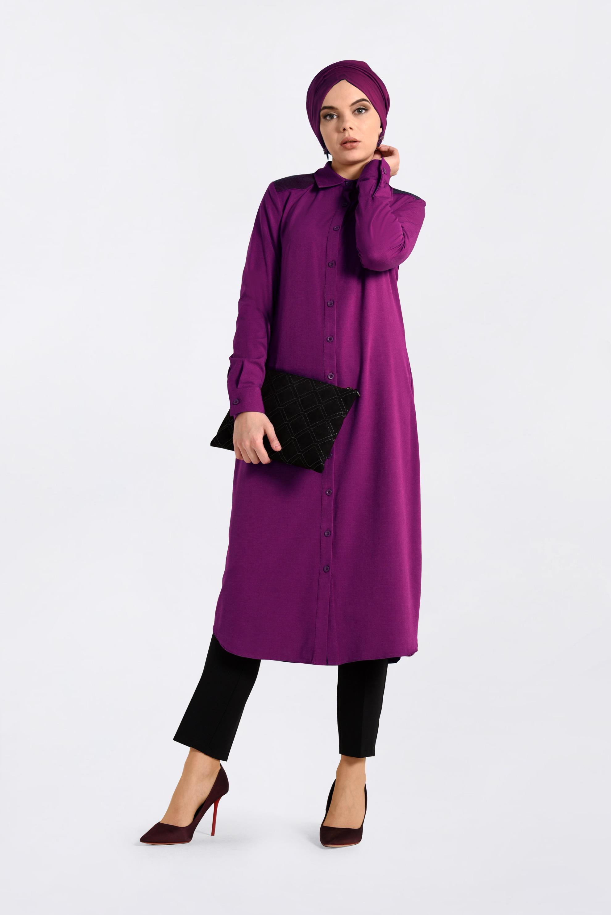 Tesettür giyim FUŞYA OMUZLARI PAYETLİ UZUN TUNİK 4383