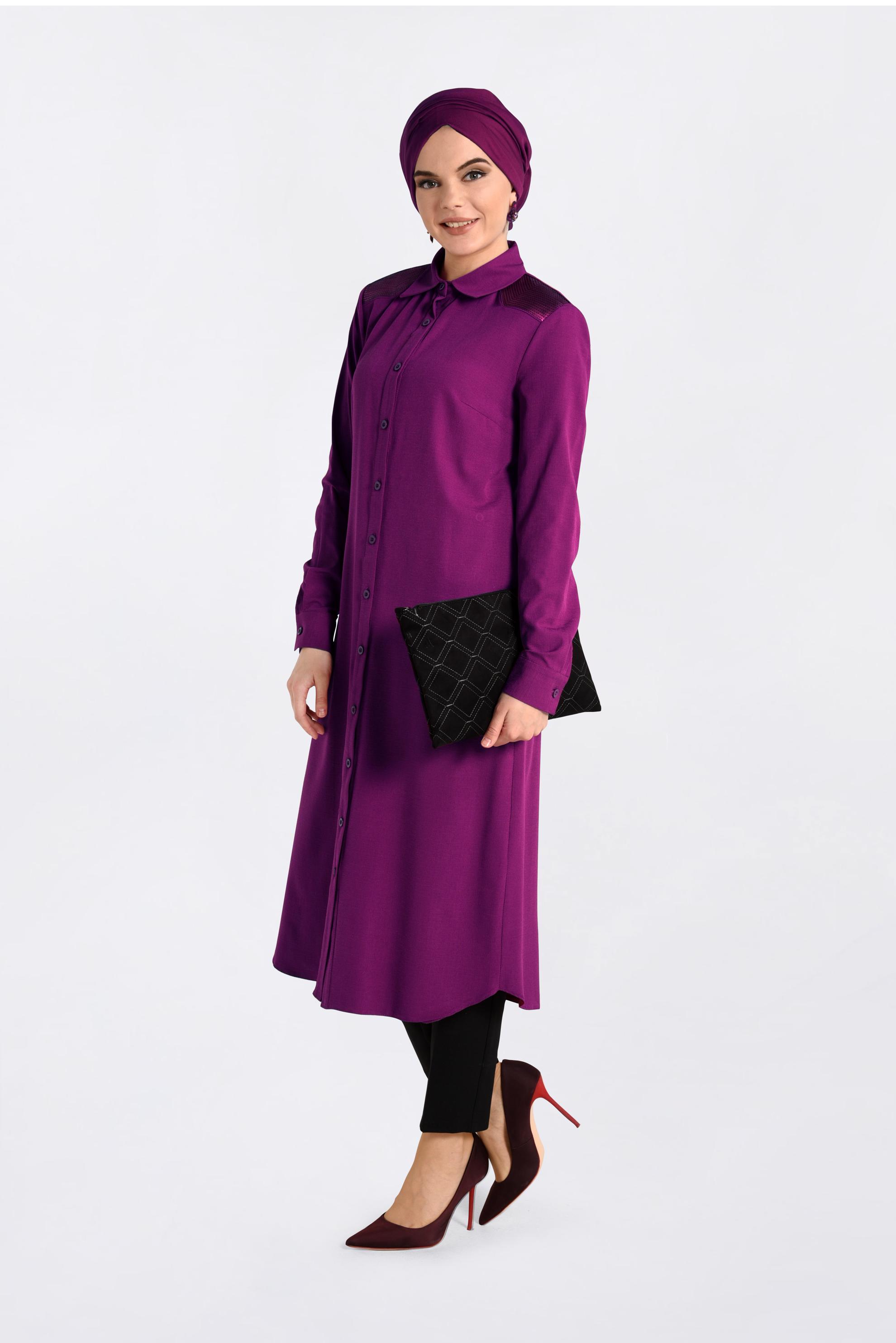 Tesettür giyim FUŞYA OMUZLARI PAYETLİ UZUN TUNİK 4383