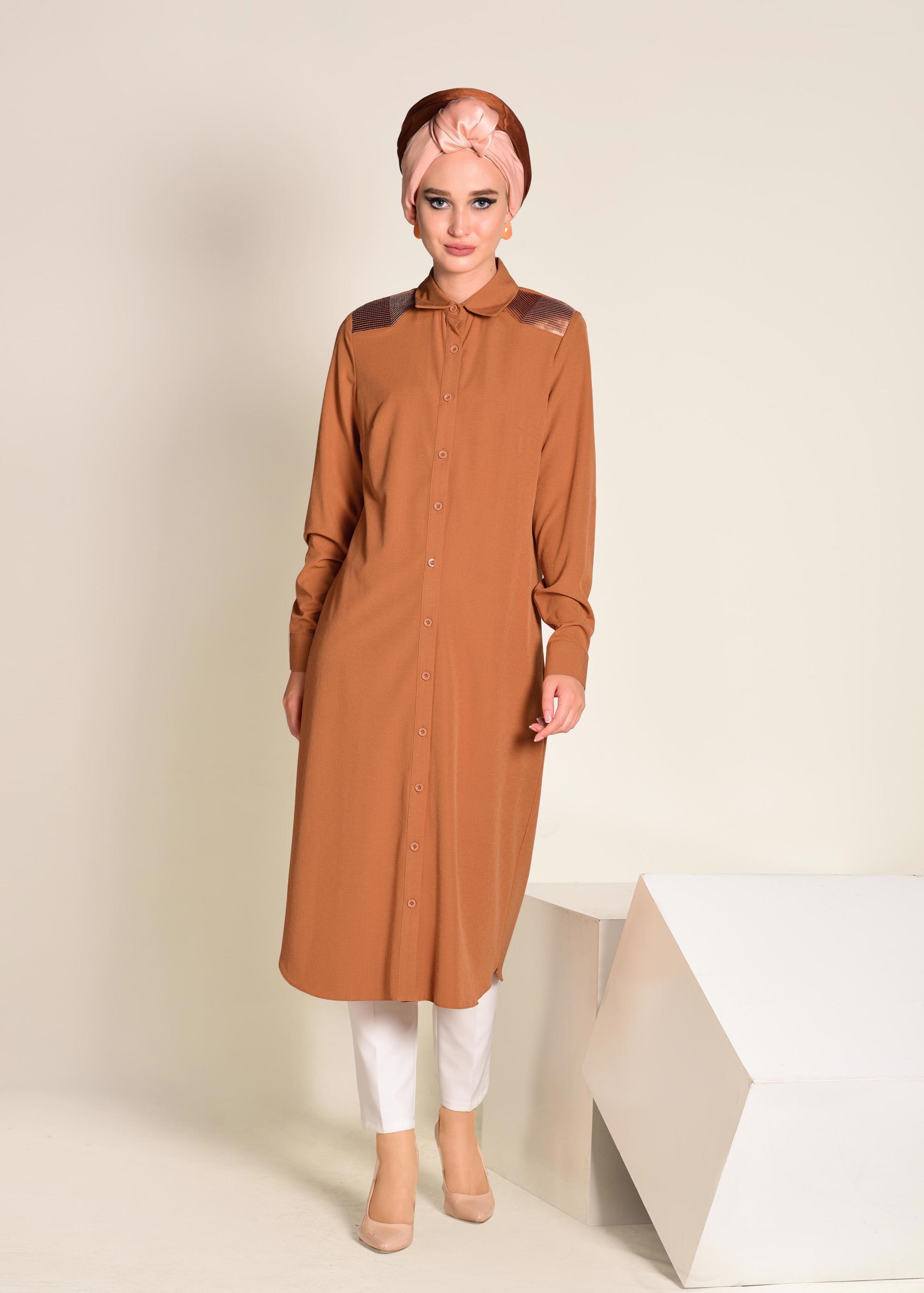 Tesettür giyim TURUNCU OMUZLARI PAYETLİ UZUN TUNİK 4383