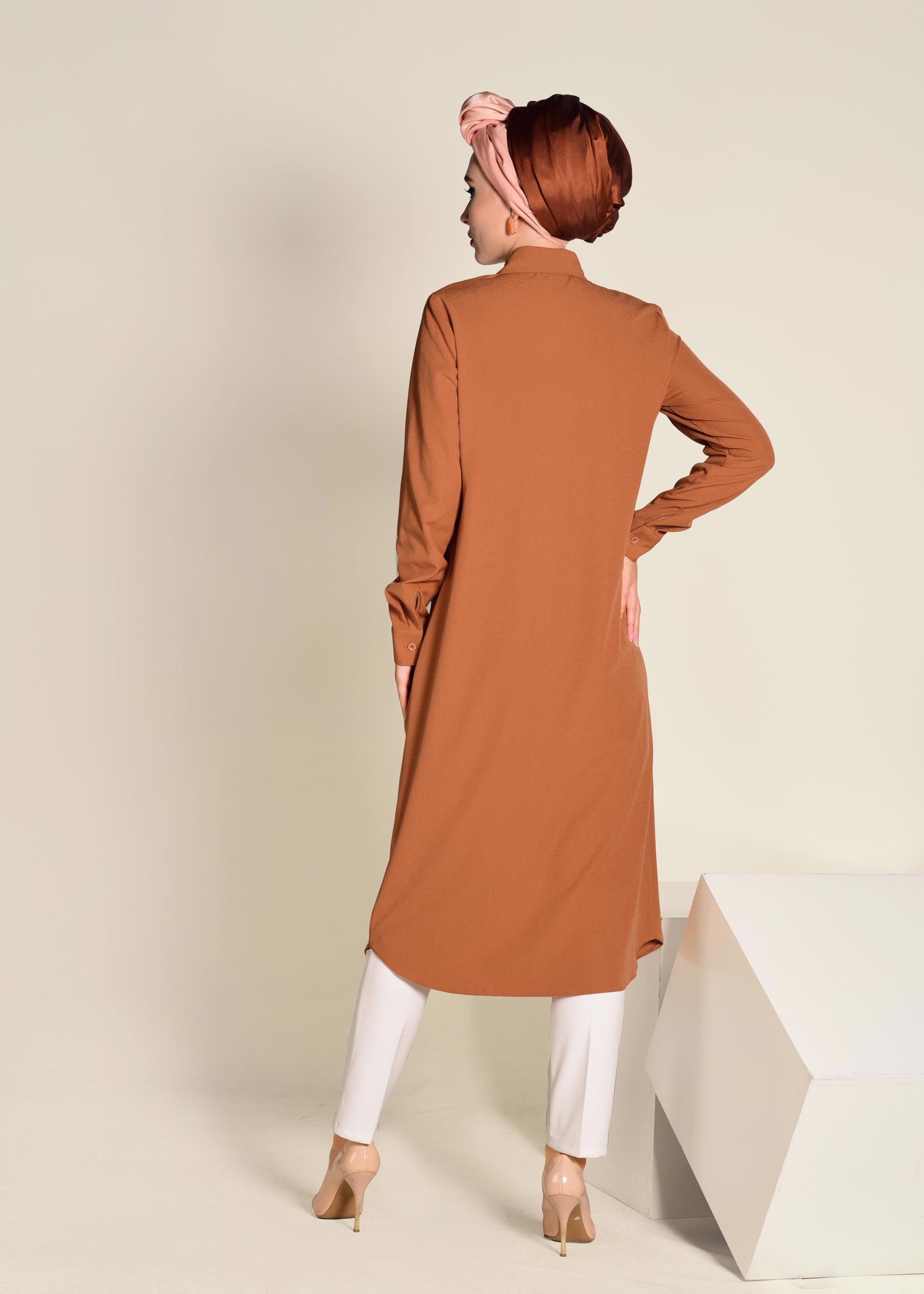 Tesettür giyim TURUNCU OMUZLARI PAYETLİ UZUN TUNİK 4383