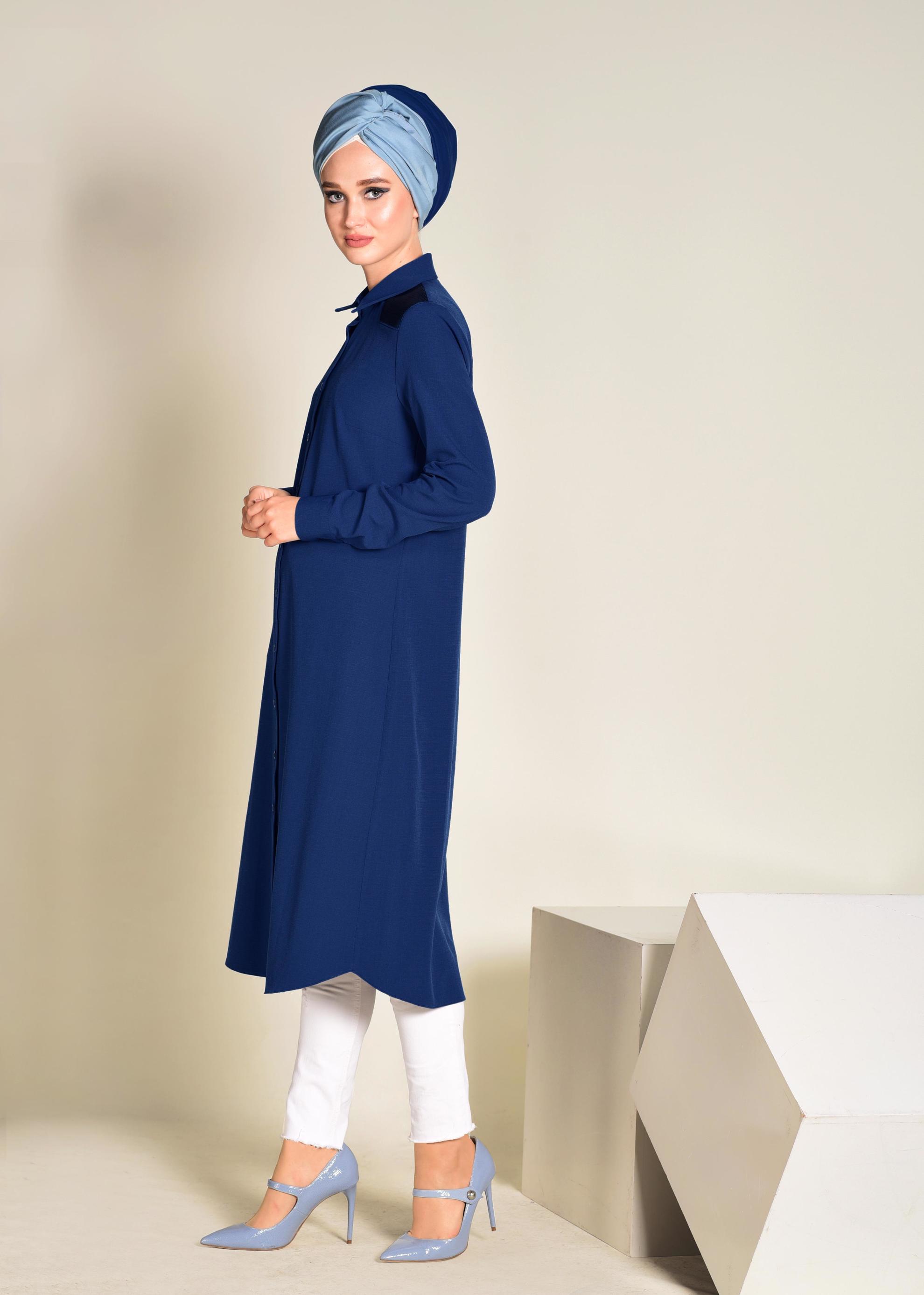 Tesettür giyim LACİVERT OMUZLARI PAYETLİ UZUN TUNİK 4383