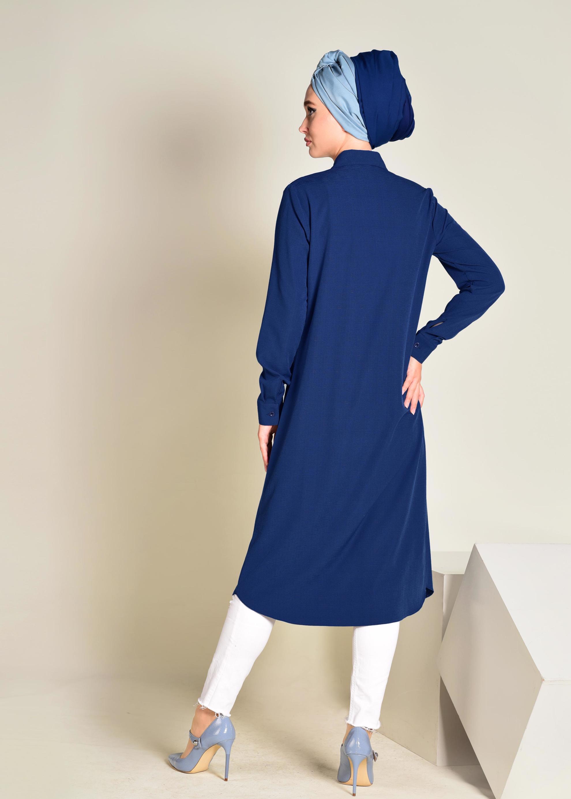 Tesettür giyim LACİVERT OMUZLARI PAYETLİ UZUN TUNİK 4383