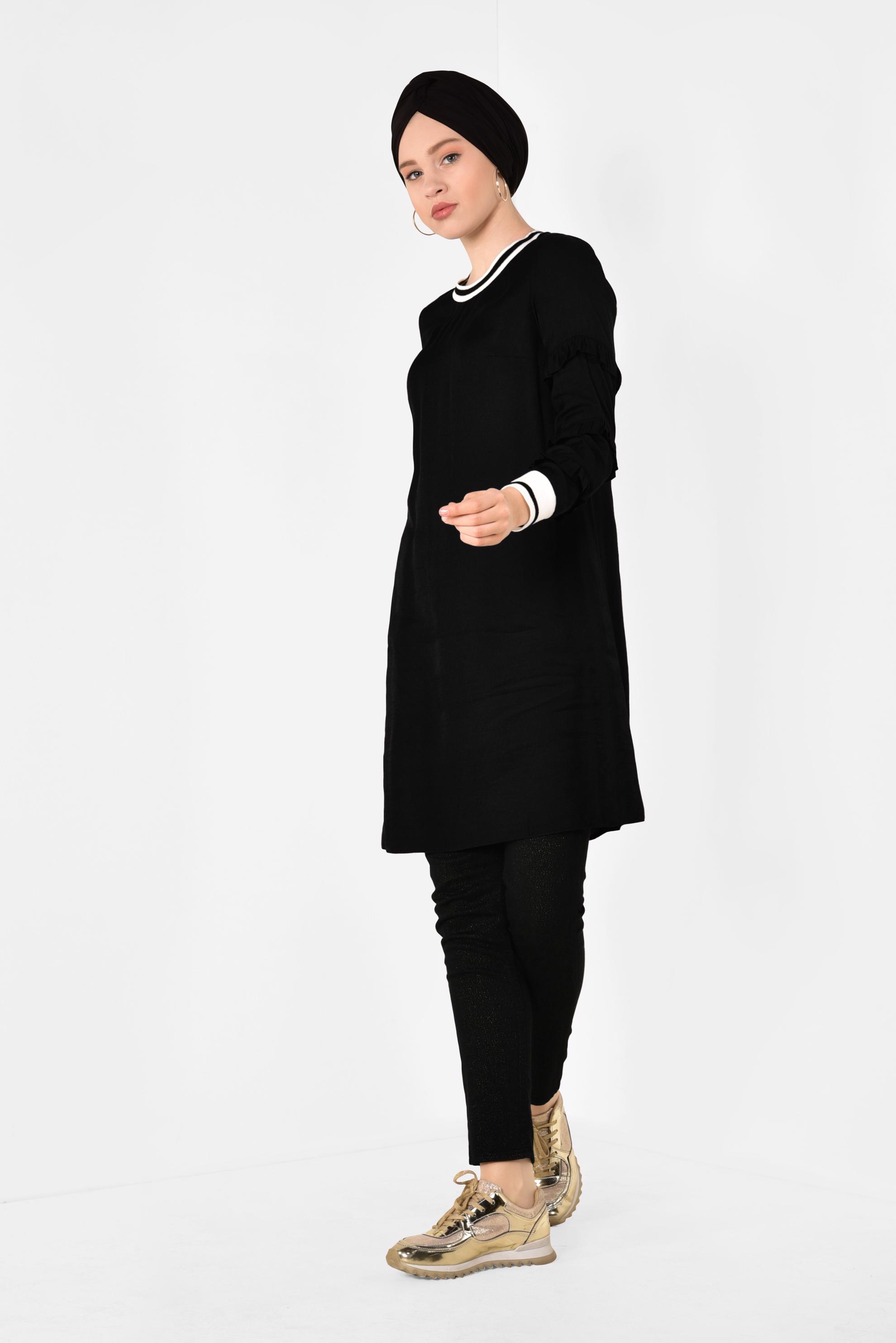 Tesettür giyim SİYAH KOLLARI FIRFIRLI TUNİK 4385