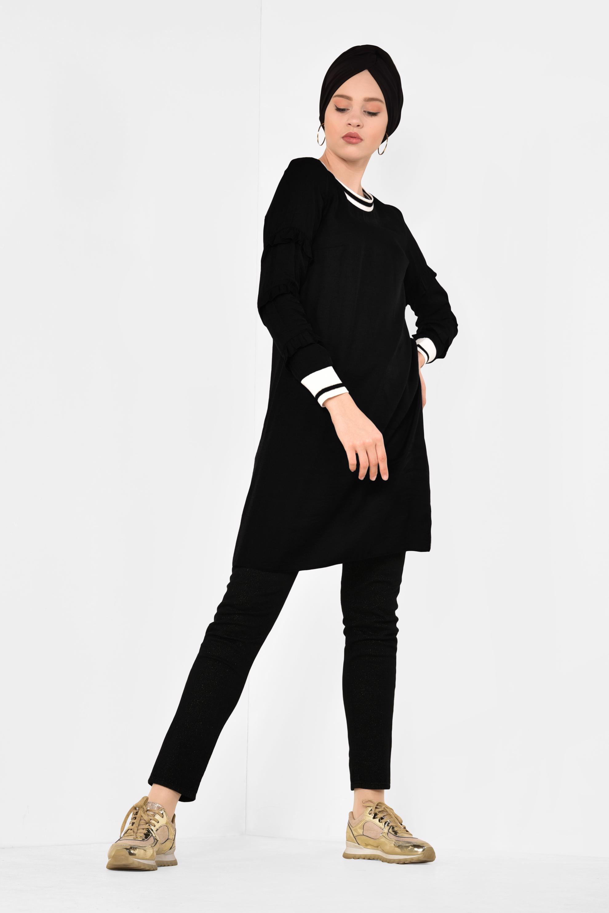 Tesettür giyim SİYAH KOLLARI FIRFIRLI TUNİK 4385