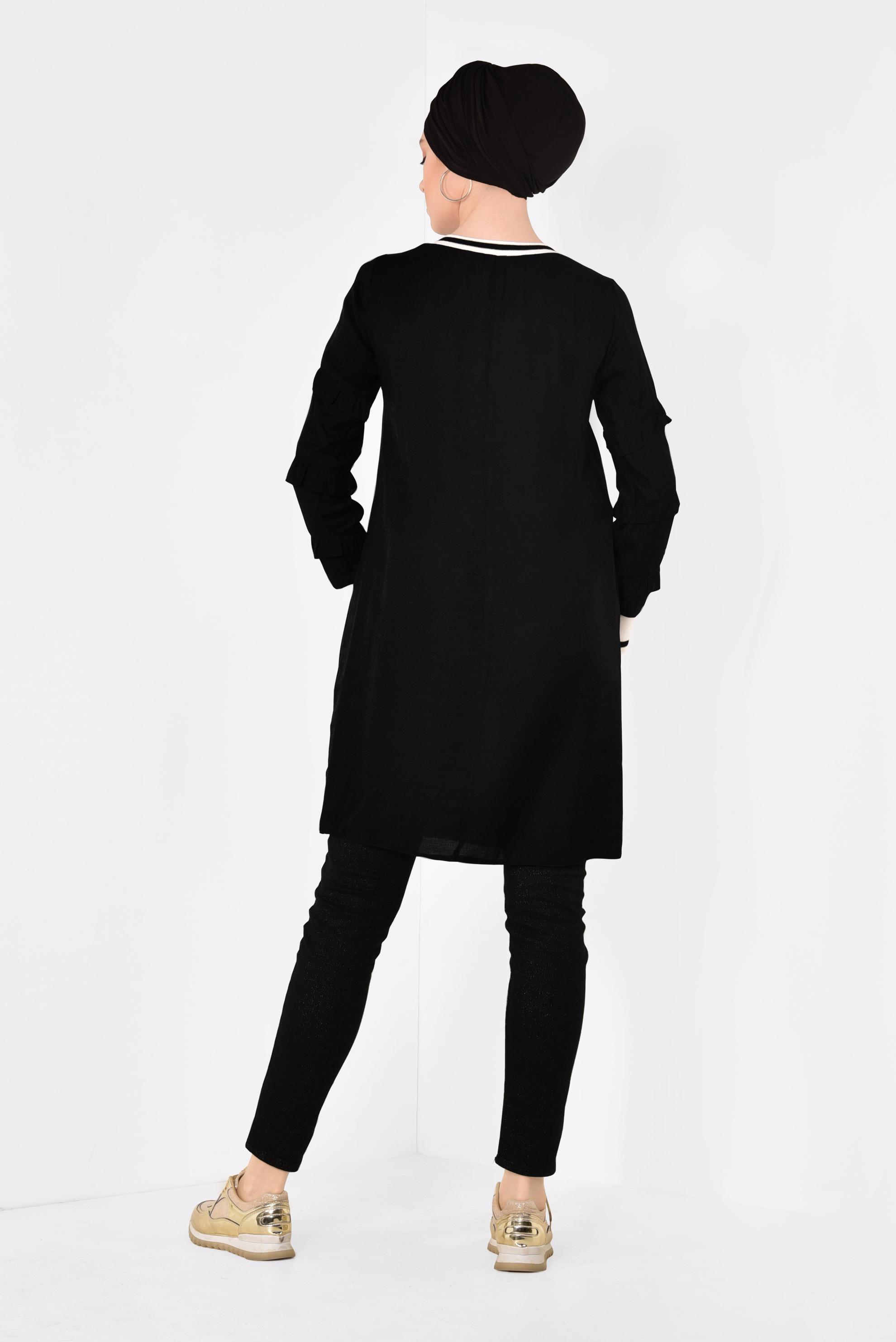 Tesettür giyim SİYAH KOLLARI FIRFIRLI TUNİK 4385