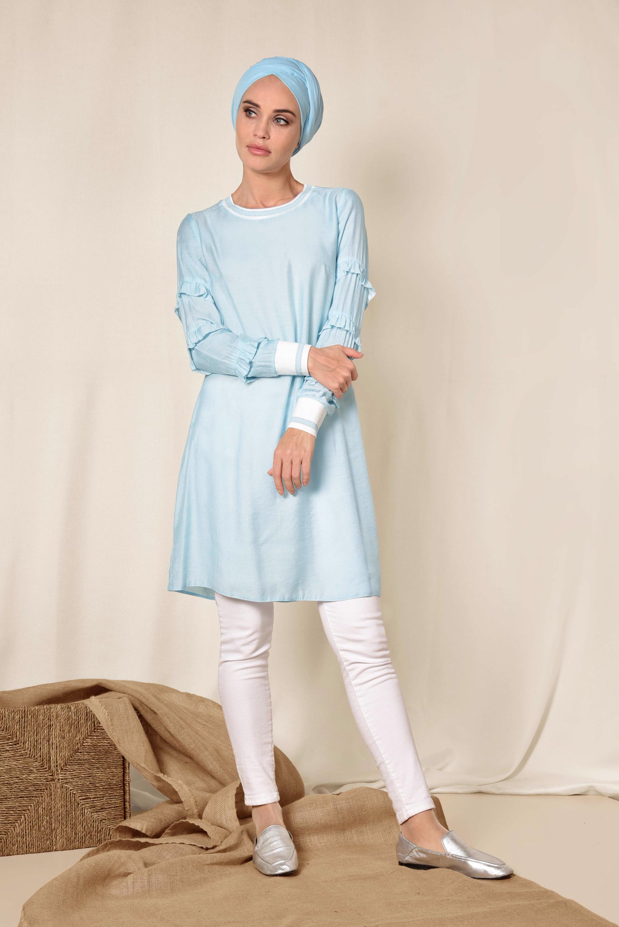 Tesettür giyim MAVİ KOLLARI FIRFIRLI TUNİK 4385