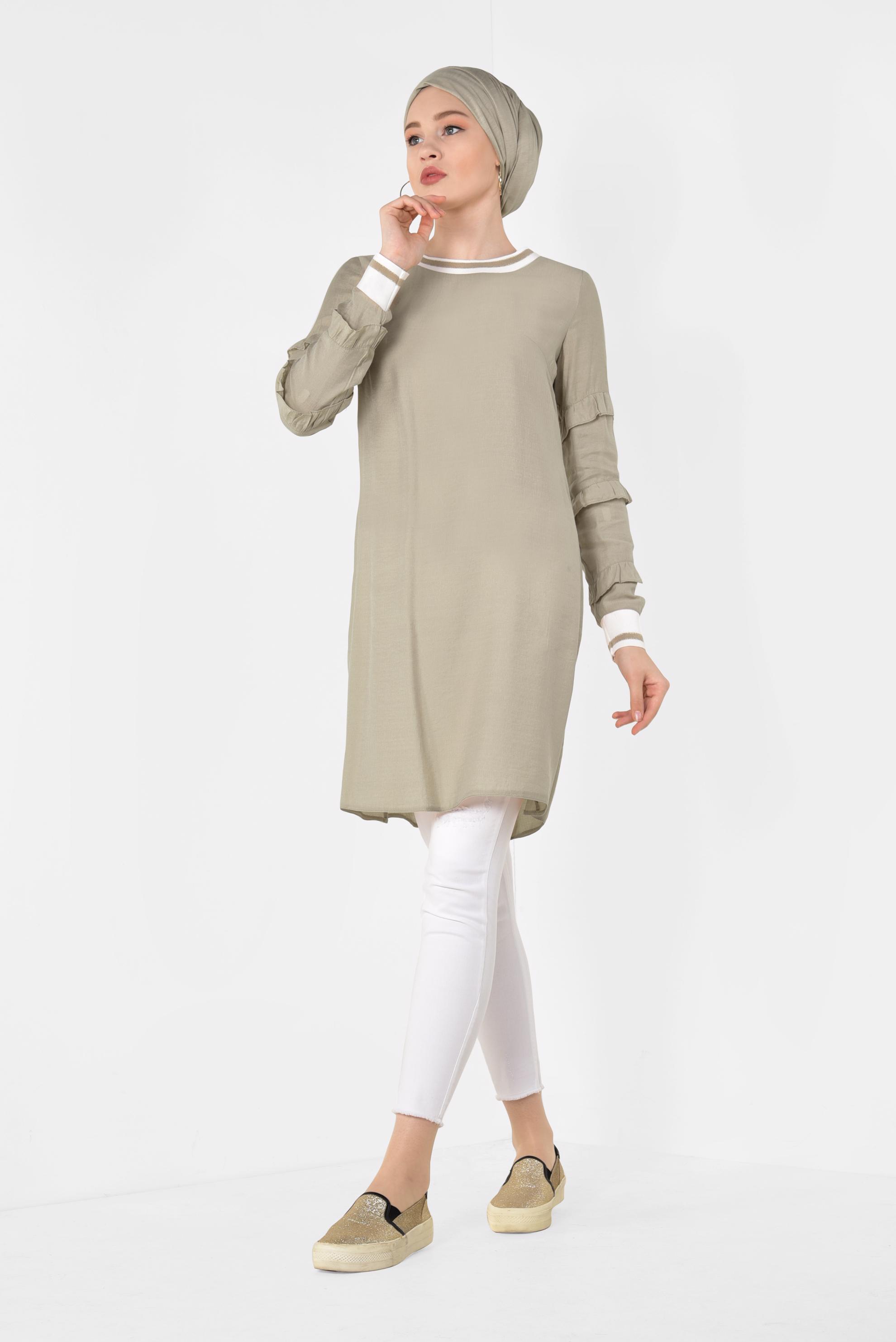 Tesettür giyim BEJ KOLLARI FIRFIRLI TUNİK 4385