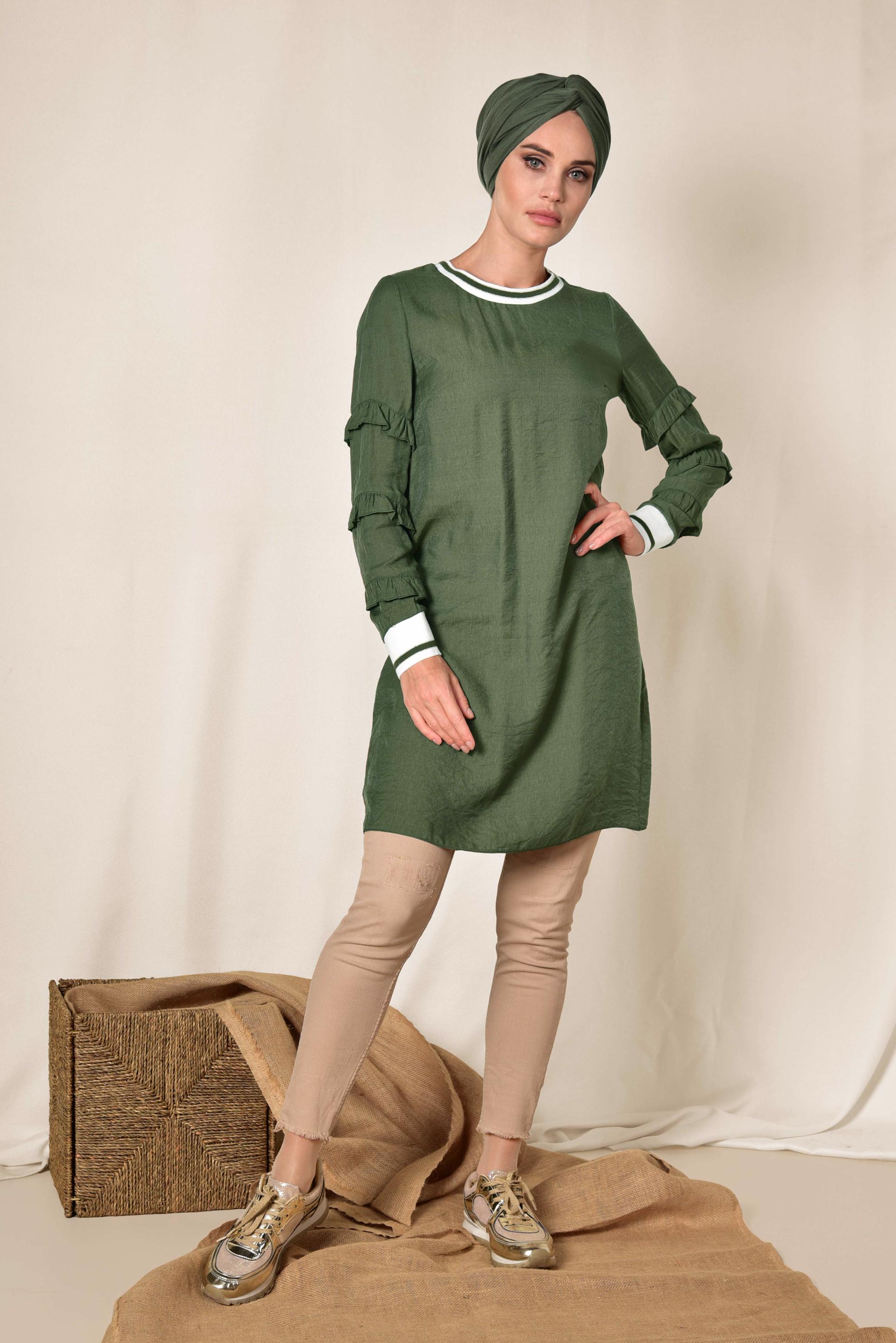 Tesettür giyim HAKİ KOLLARI FIRFIRLI TUNİK 4385