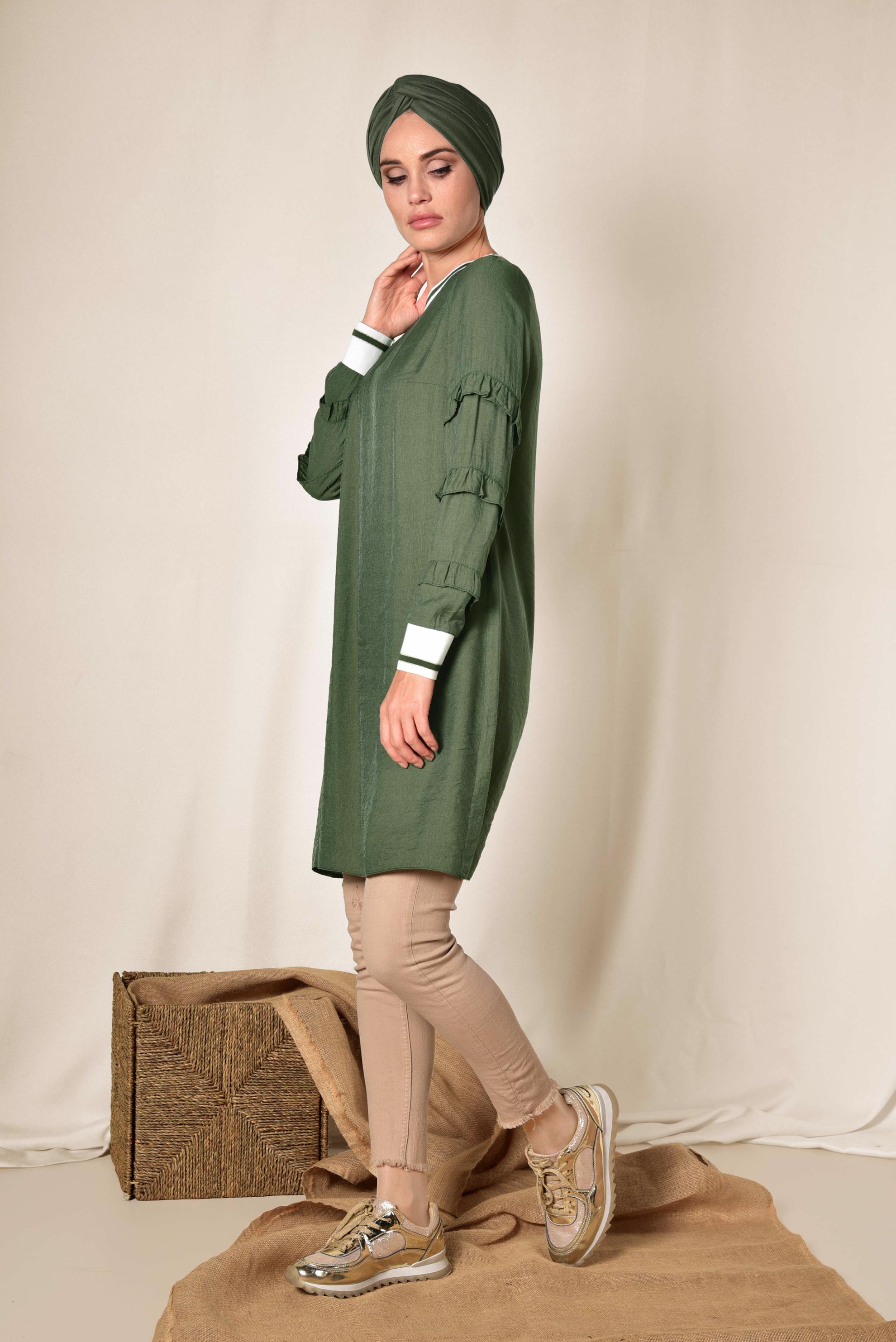 Tesettür giyim HAKİ KOLLARI FIRFIRLI TUNİK 4385