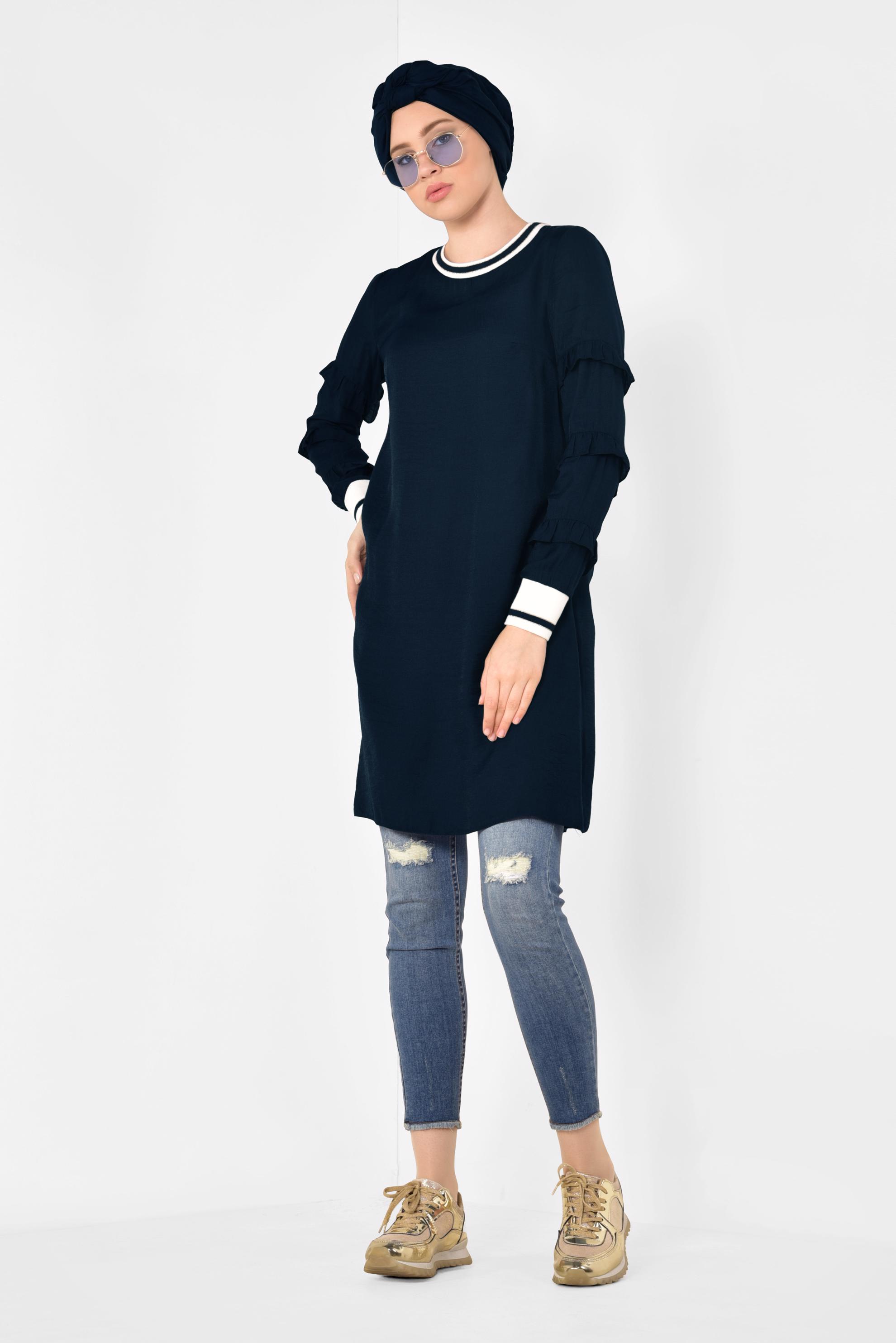Tesettür giyim LACİVERT KOLLARI FIRFIRLI TUNİK 4385
