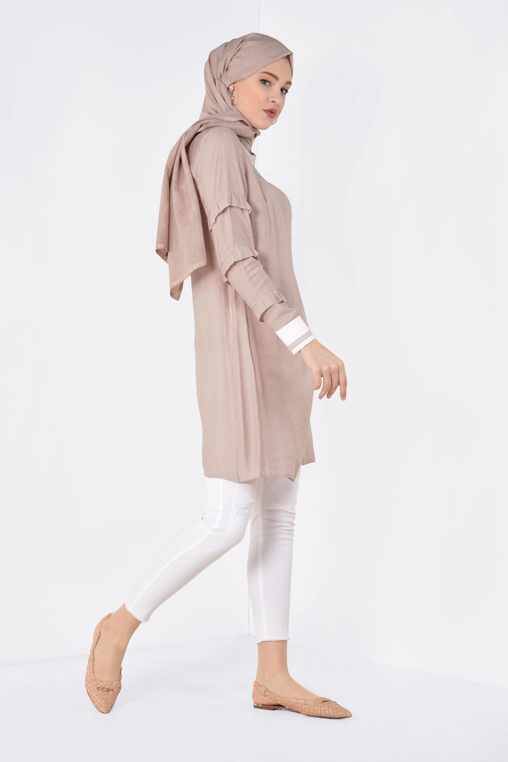 Tesettür giyim PUDRA KOLLARI FIRFIRLI TUNİK 4385