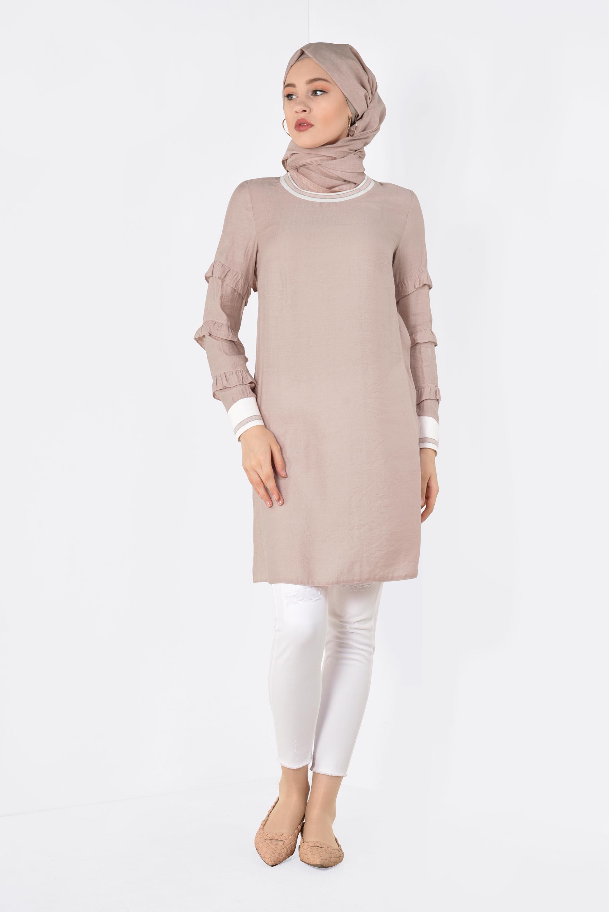 Tesettür giyim PUDRA KOLLARI FIRFIRLI TUNİK 4385