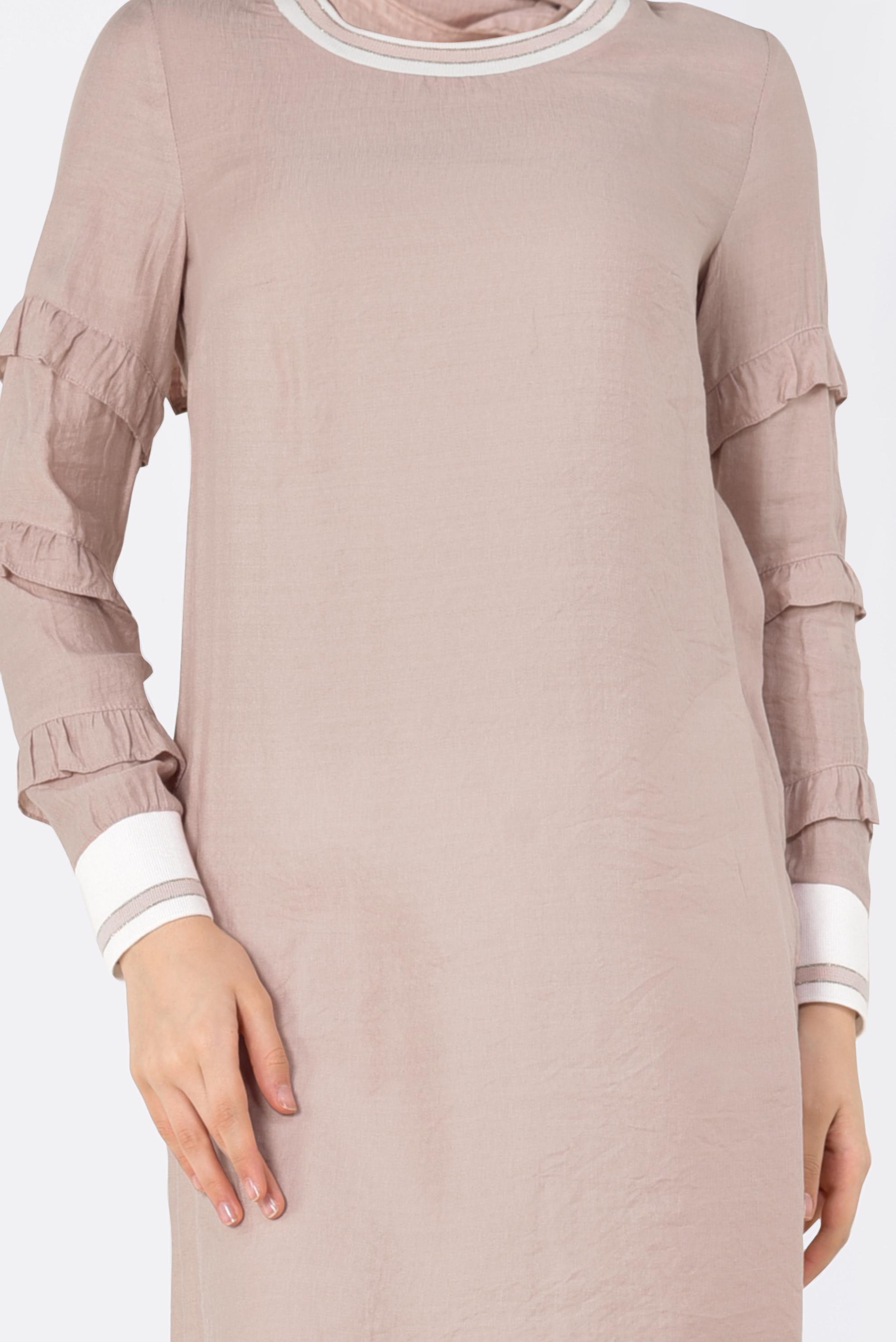 Tesettür giyim PUDRA KOLLARI FIRFIRLI TUNİK 4385