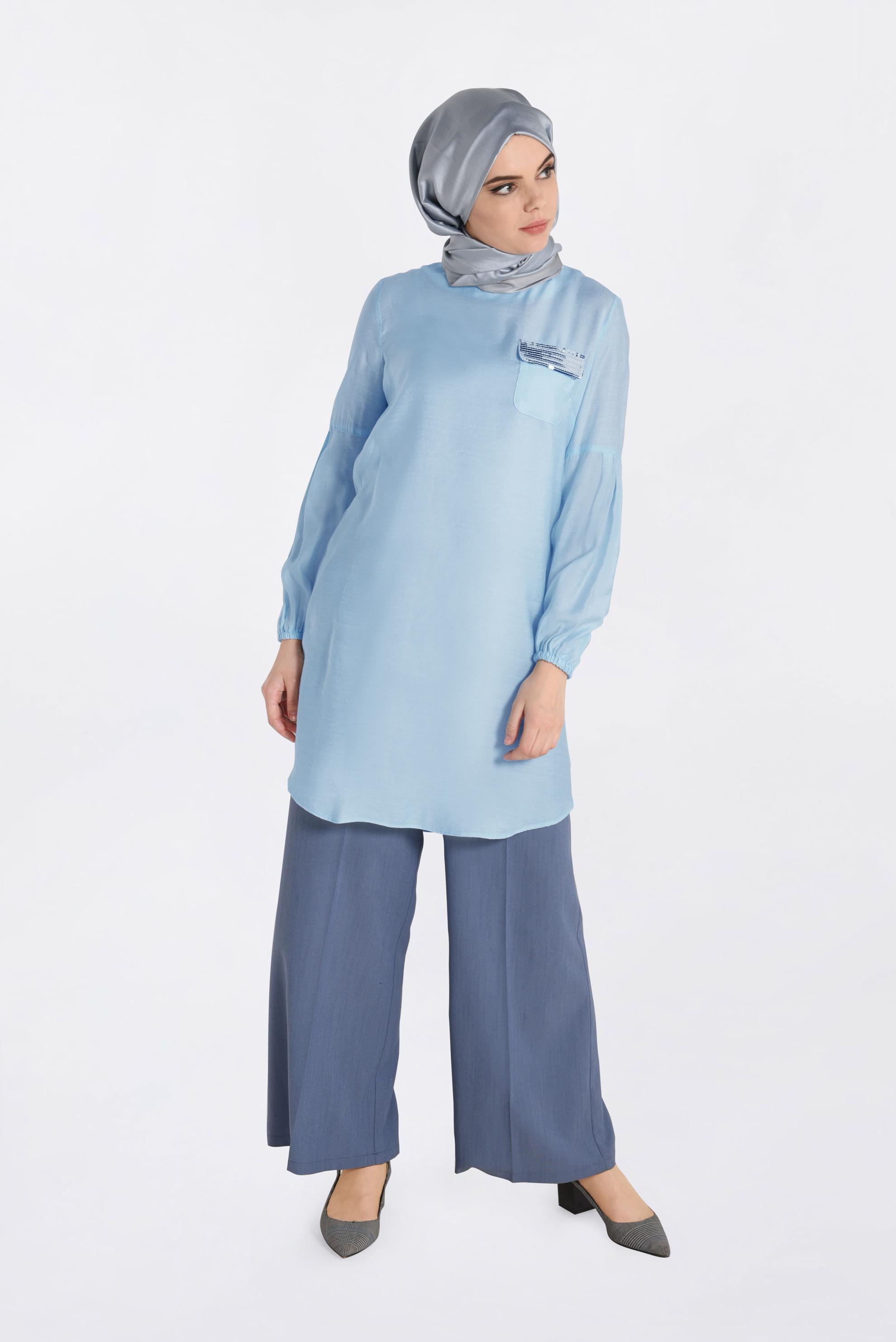 Tesettür giyim MAVİ PUL PAYETLİ TUNİK 4386