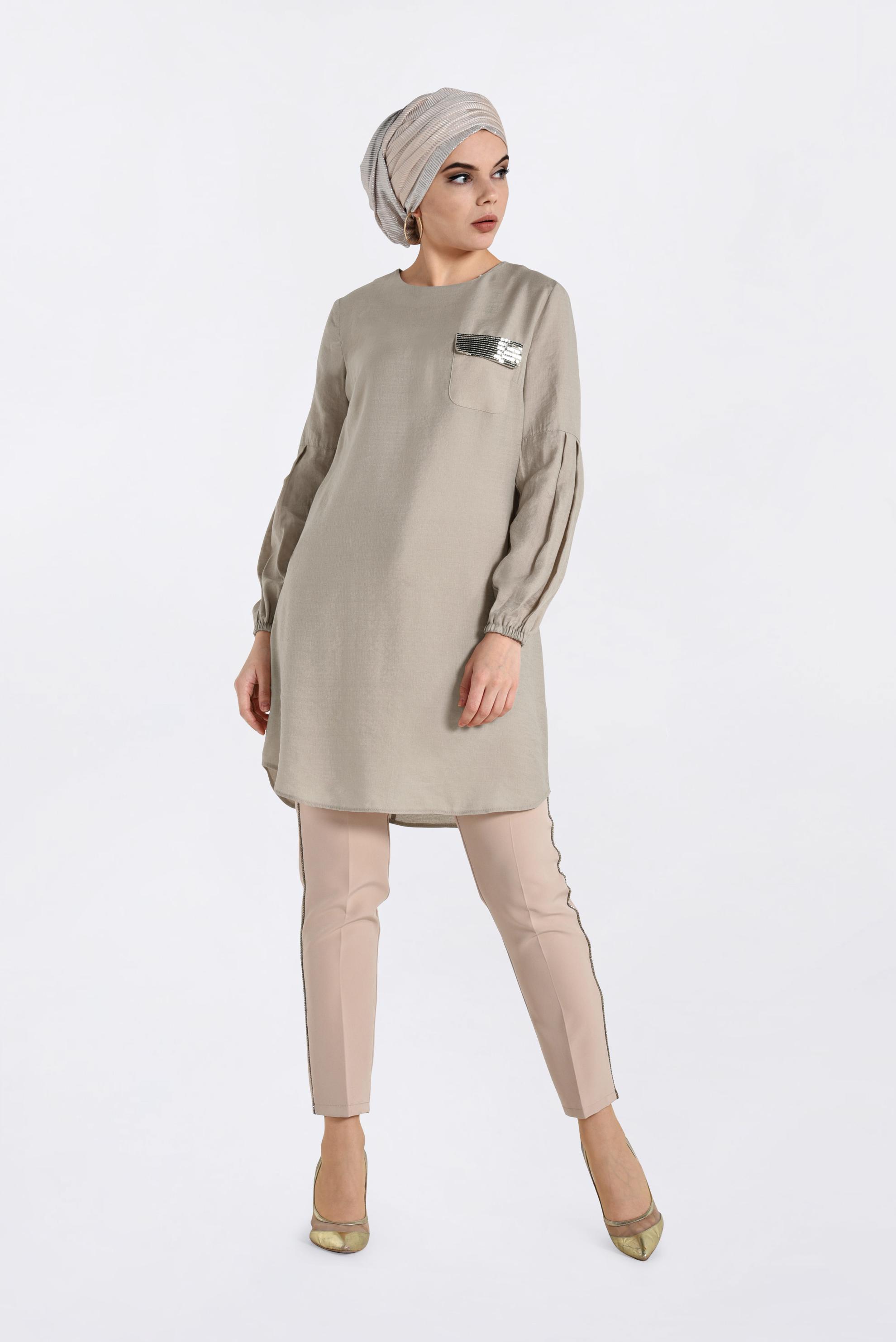 Tesettür giyim BEJ PUL PAYETLİ TUNİK 4386