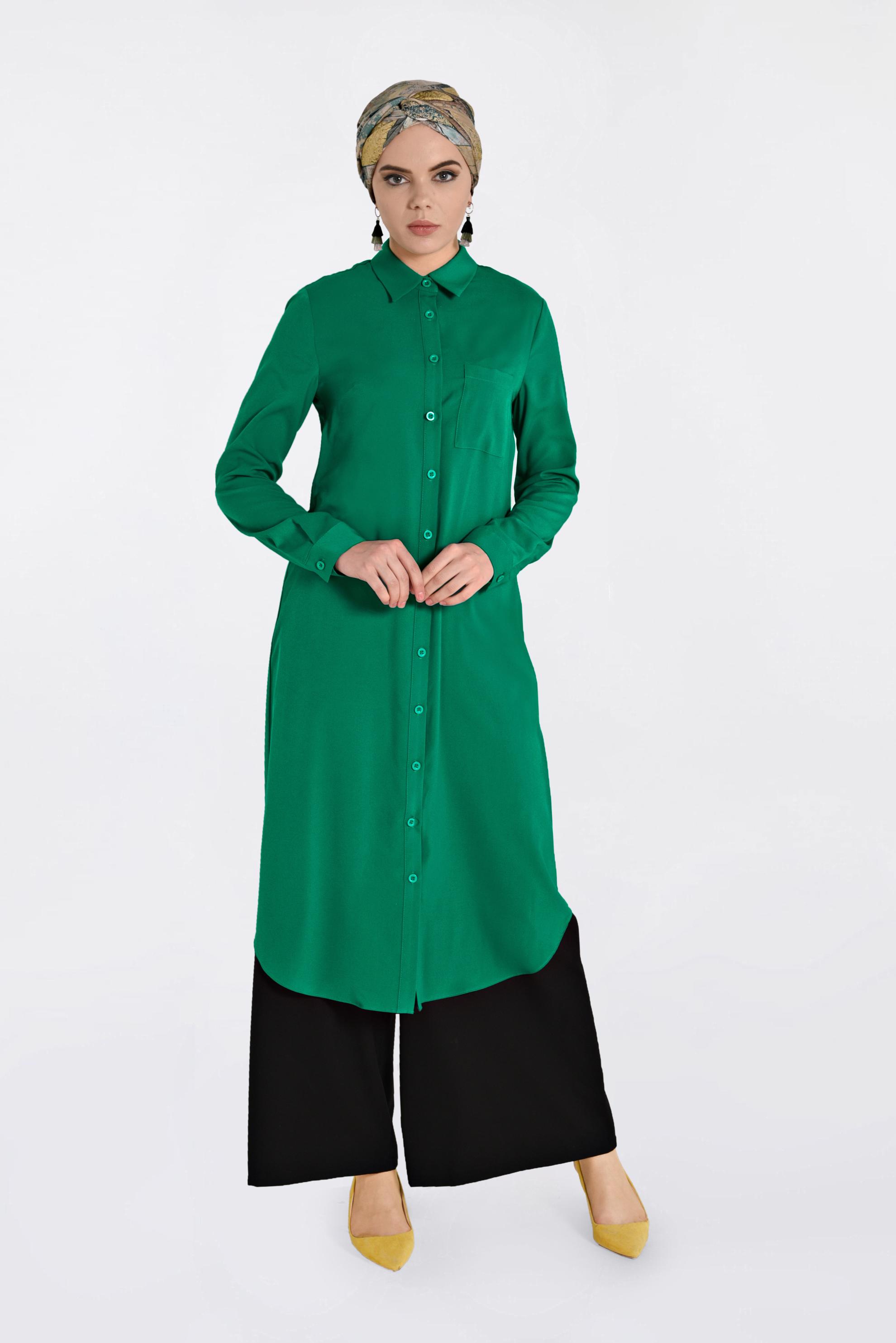 Tesettür giyim YEŞİL CEP DETAYLI DÜĞMELİ TUNİK 4397