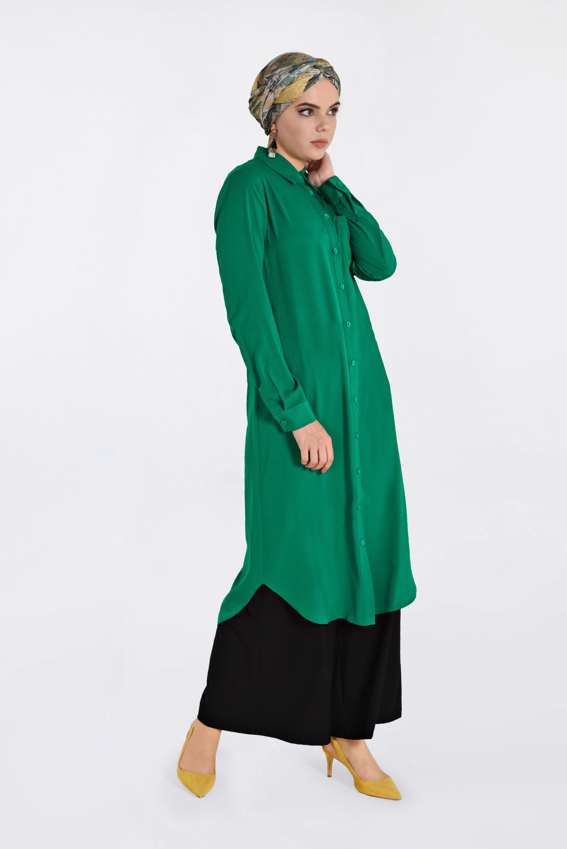 Tesettür giyim YEŞİL CEP DETAYLI DÜĞMELİ TUNİK 4397