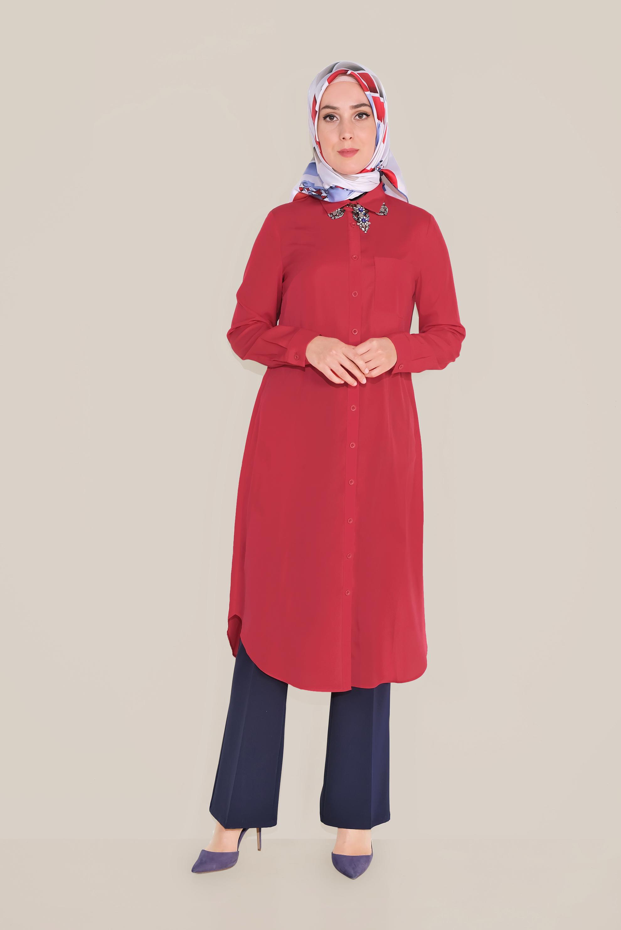Tesettür giyim KIRMIZI CEP DETAYLI DÜĞMELİ TUNİK 4397