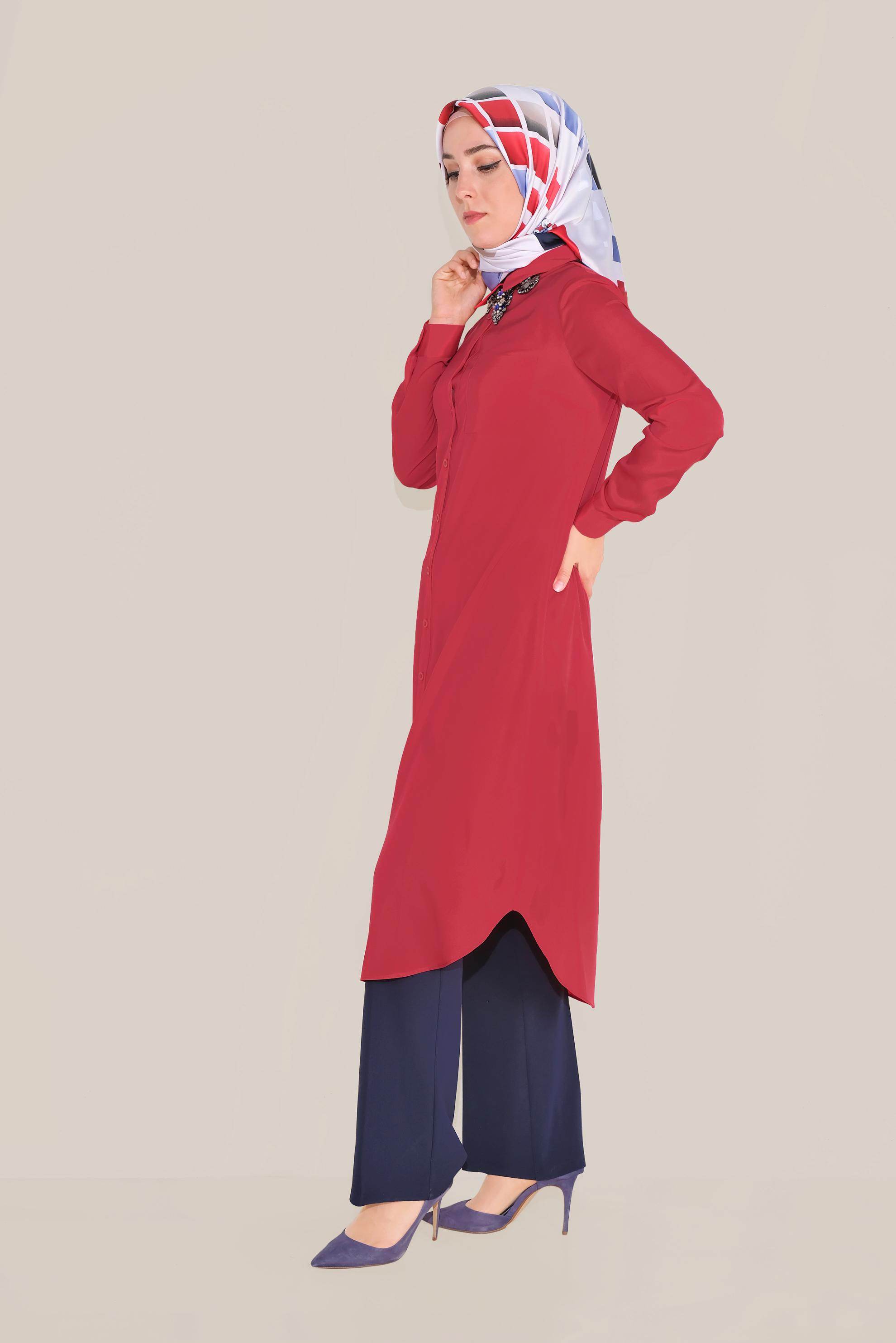 Tesettür giyim KIRMIZI CEP DETAYLI DÜĞMELİ TUNİK 4397