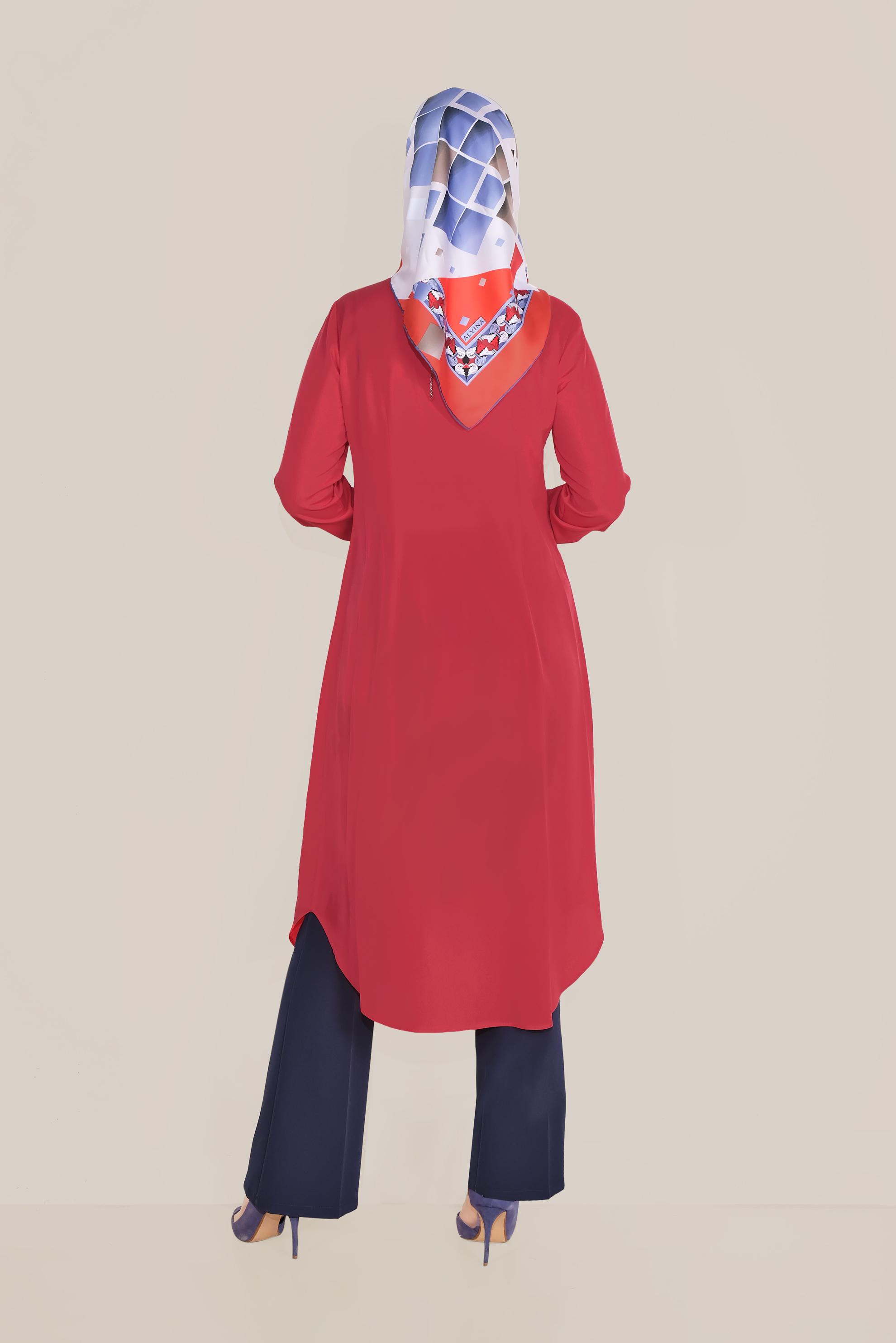 Tesettür giyim KIRMIZI CEP DETAYLI DÜĞMELİ TUNİK 4397