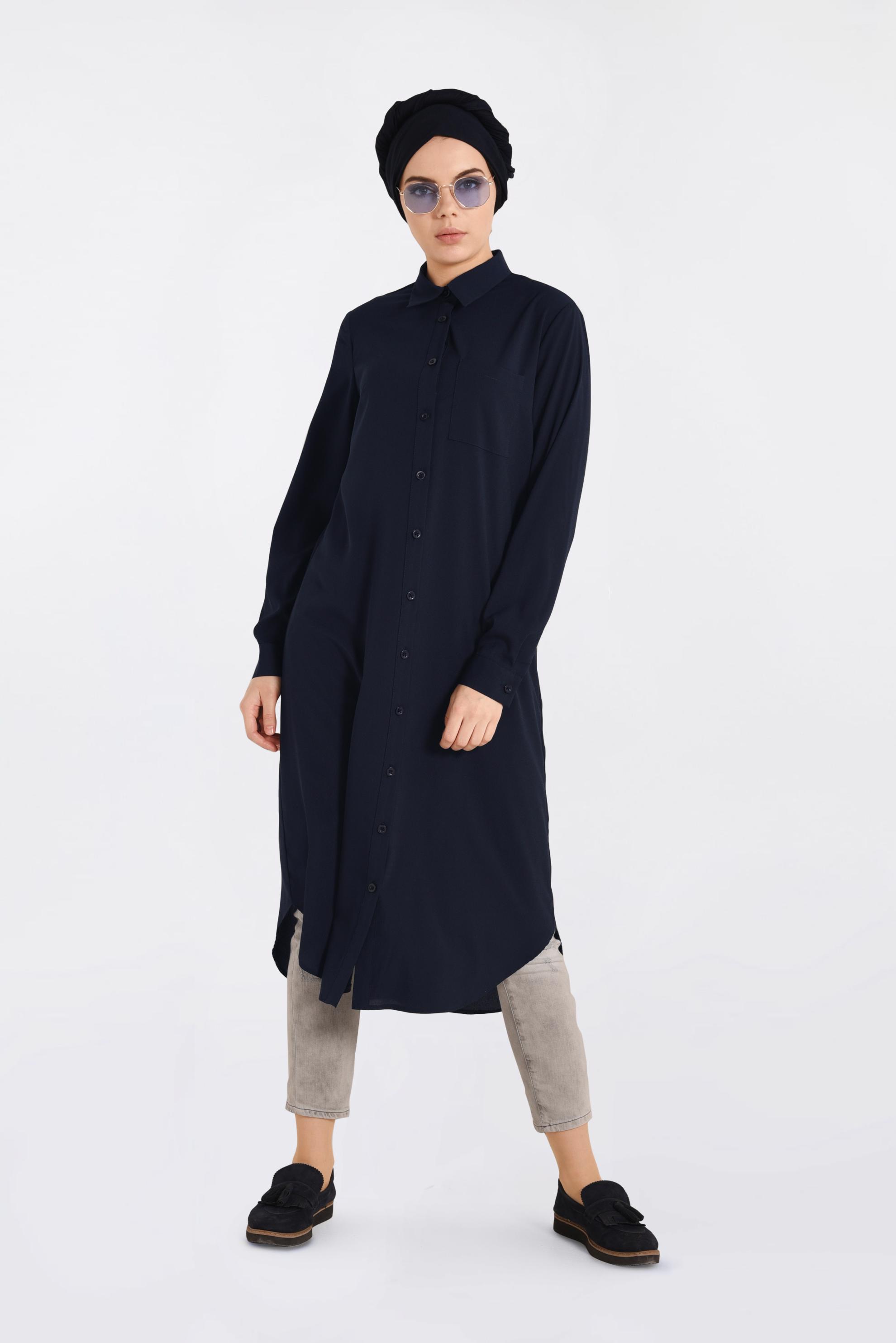 Tesettür giyim LACİVERT CEP DETAYLI DÜĞMELİ TUNİK 4397