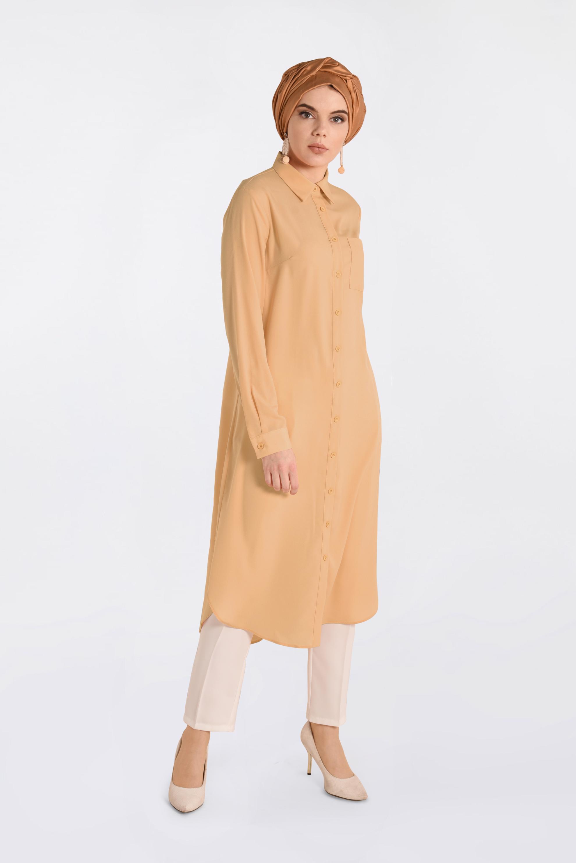 Tesettür giyim KAHVE CEP DETAYLI DÜĞMELİ TUNİK 4397