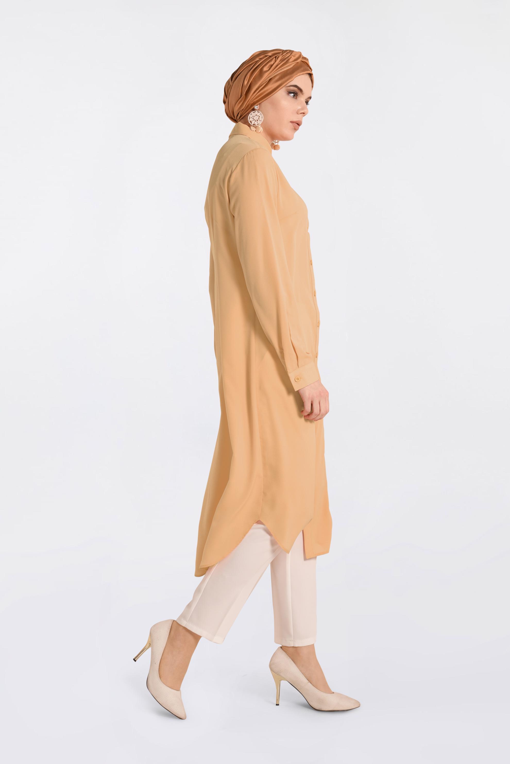 Tesettür giyim KAHVE CEP DETAYLI DÜĞMELİ TUNİK 4397