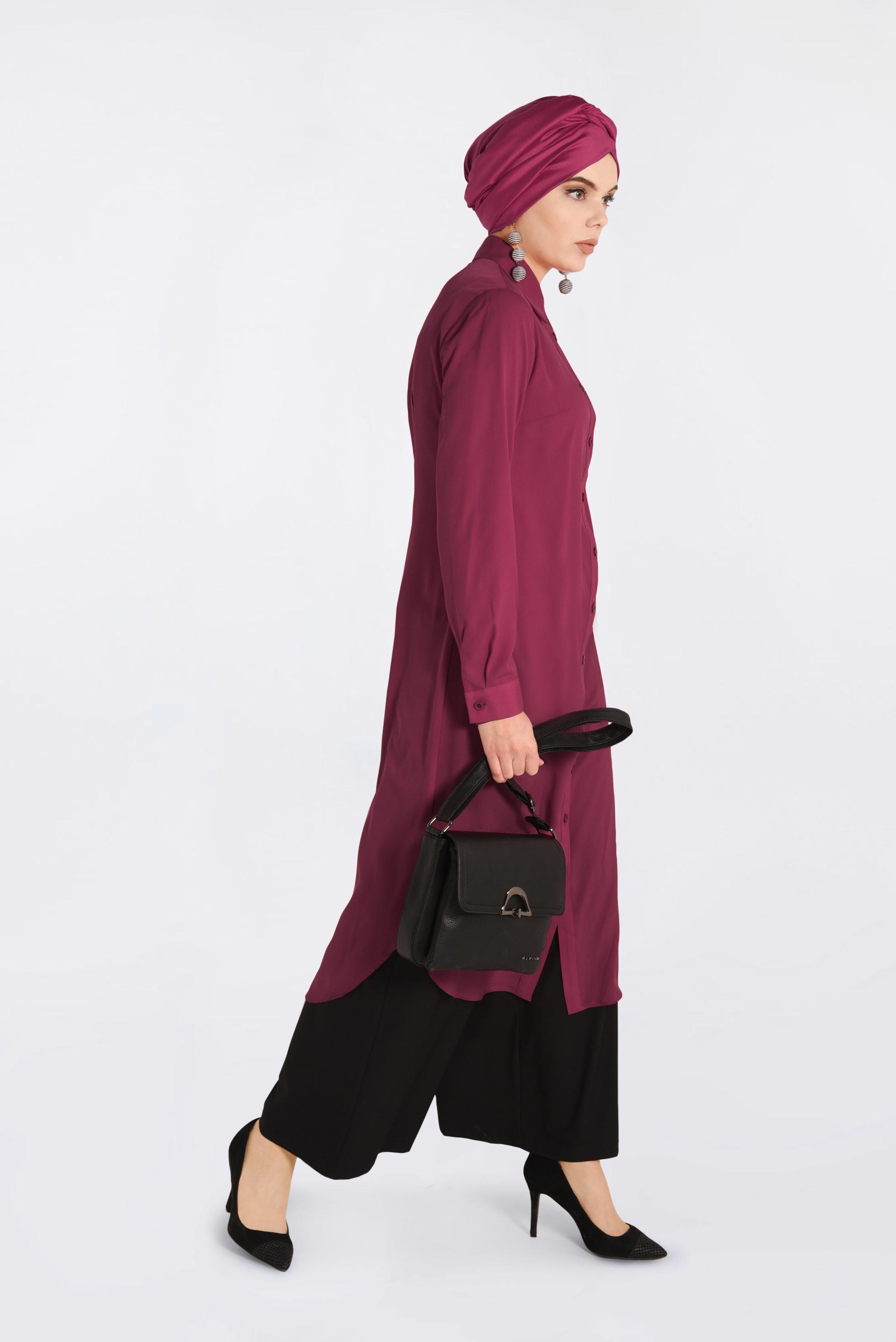 Tesettür giyim BORDO CEP DETAYLI DÜĞMELİ TUNİK 4397