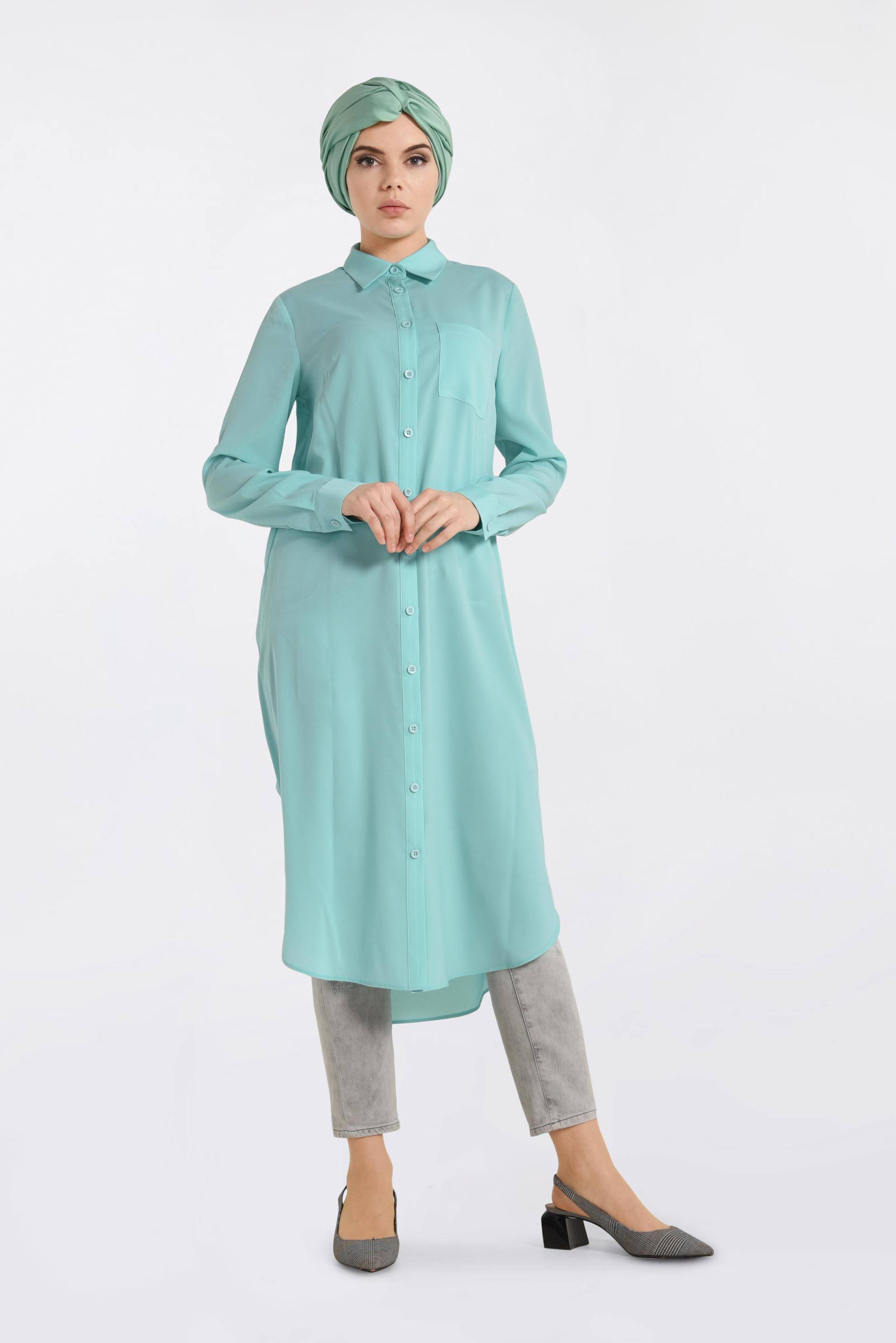 Tesettür giyim YEŞİL CEP DETAYLI DÜĞMELİ TUNİK 4397