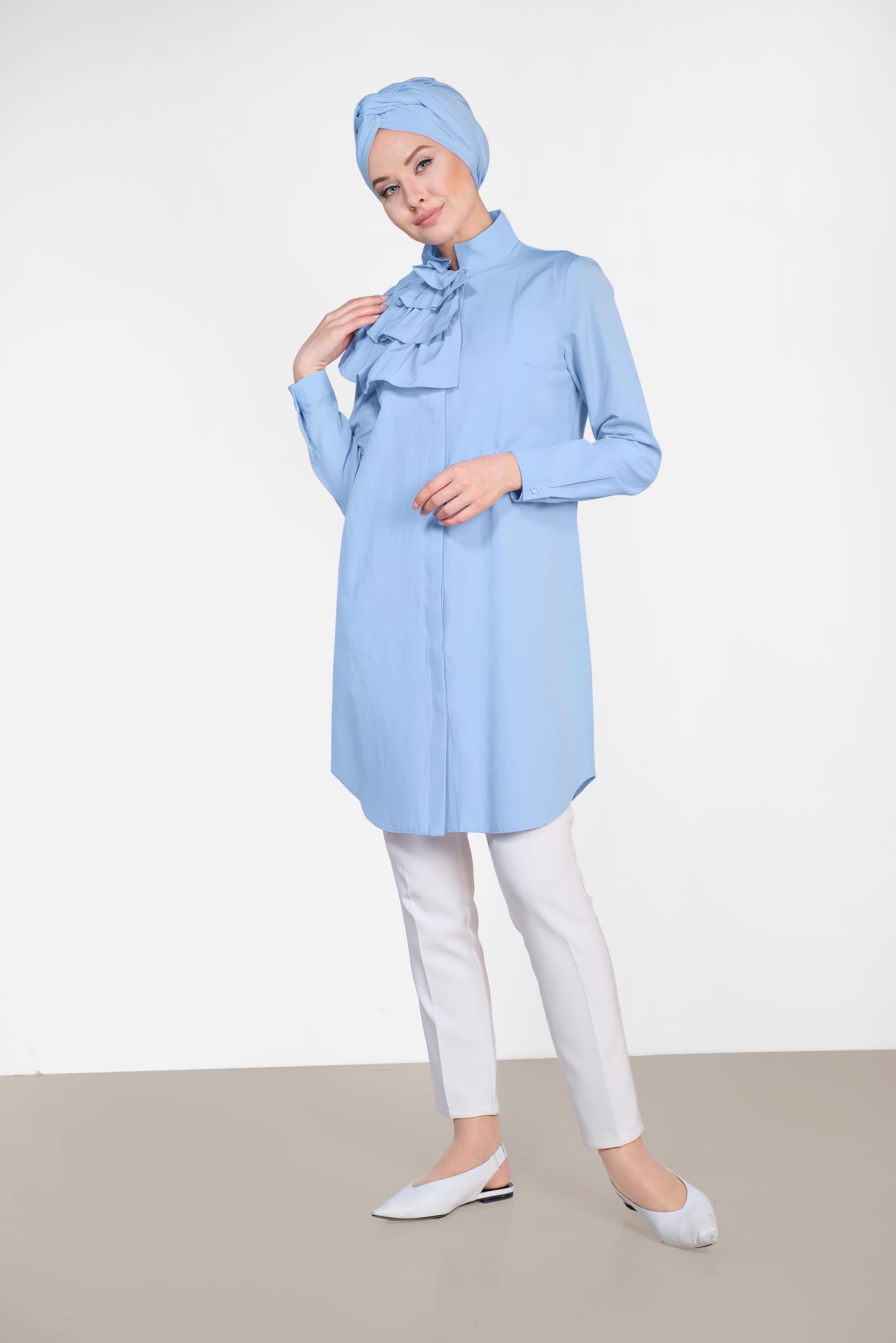 Tesettür giyim MAVİ KAT KAT DETAYLI PAMUKLU TUNİK 4399