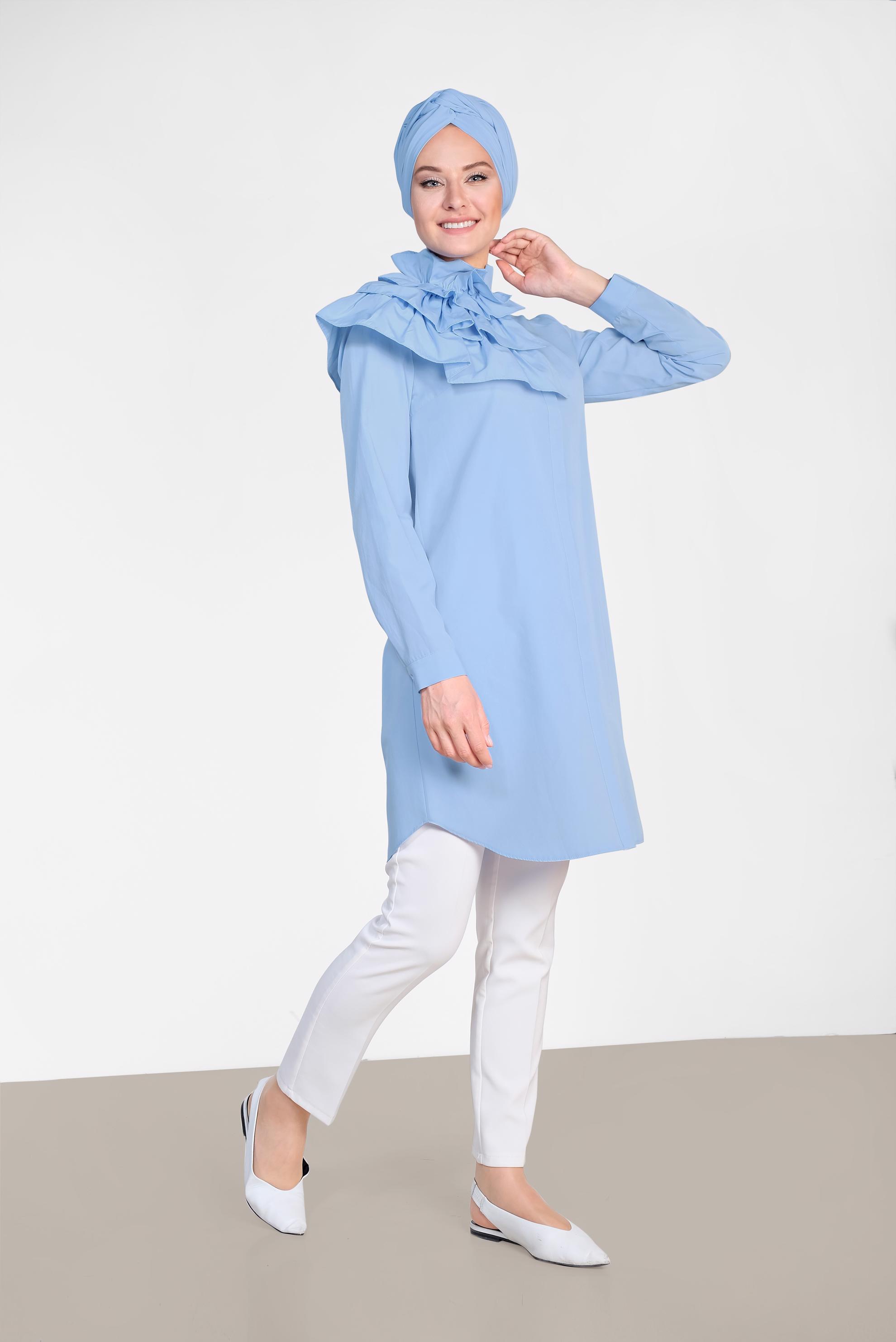 Tesettür giyim MAVİ KAT KAT DETAYLI PAMUKLU TUNİK 4399