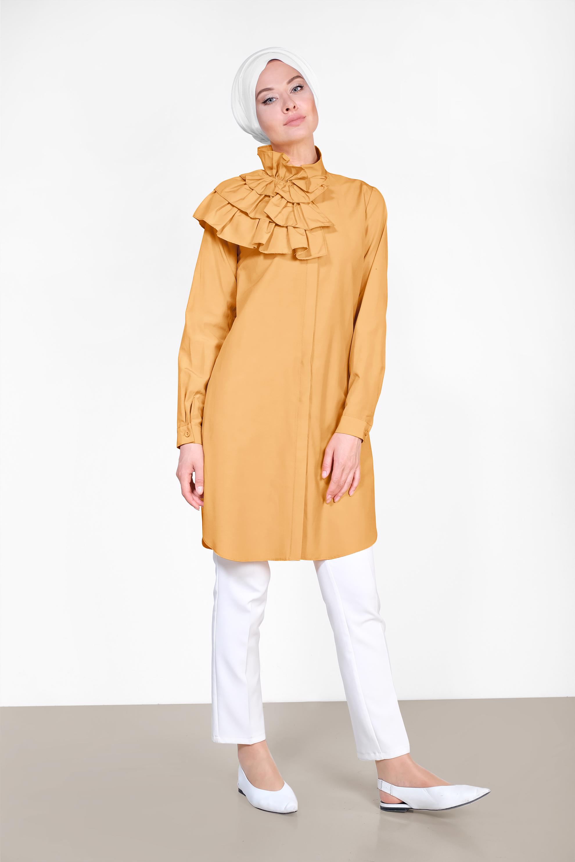 Tesettür giyim SARI KAT KAT DETAYLI PAMUKLU TUNİK 4399