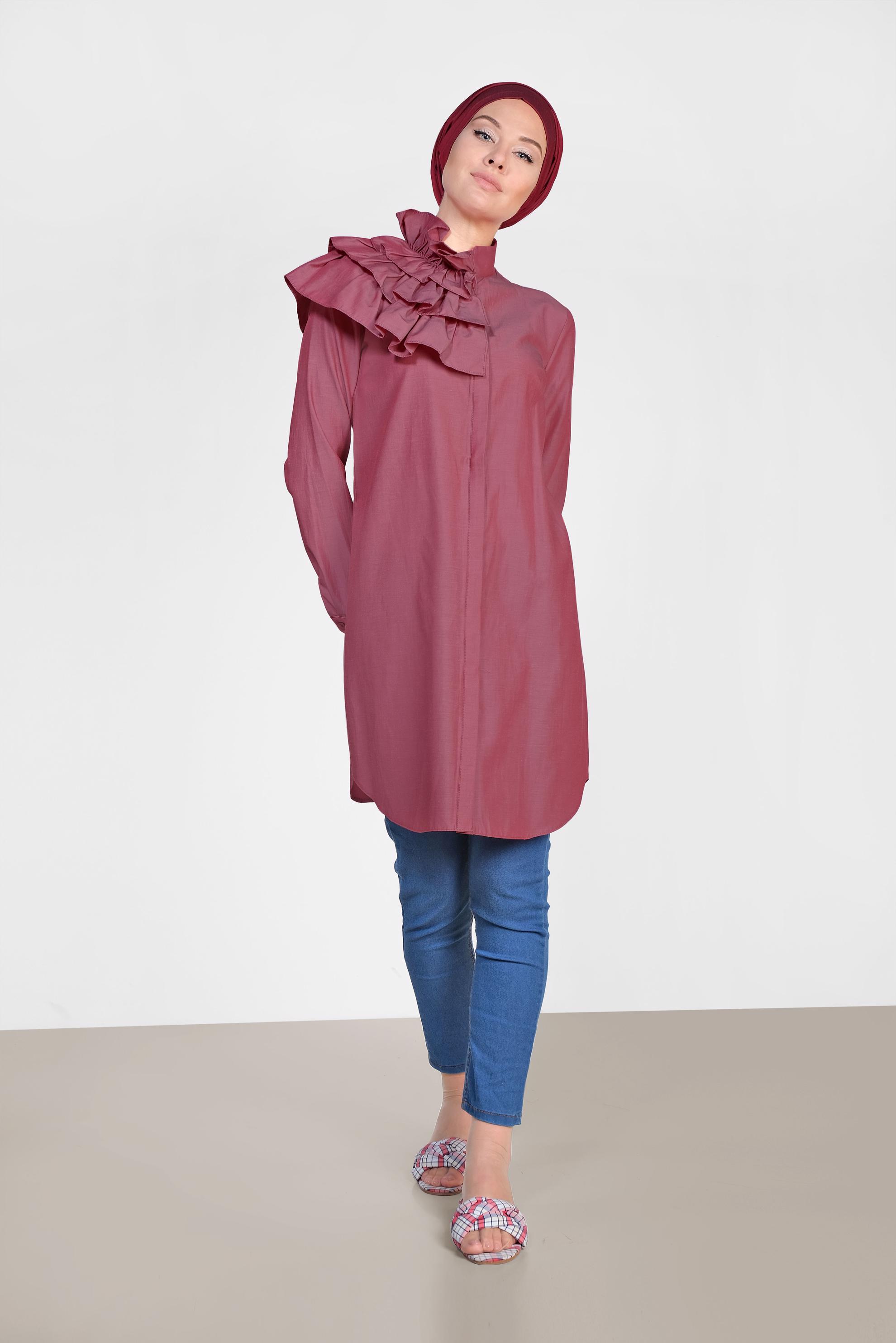 Tesettür giyim BORDO KAT KAT DETAYLI PAMUKLU TUNİK 4399