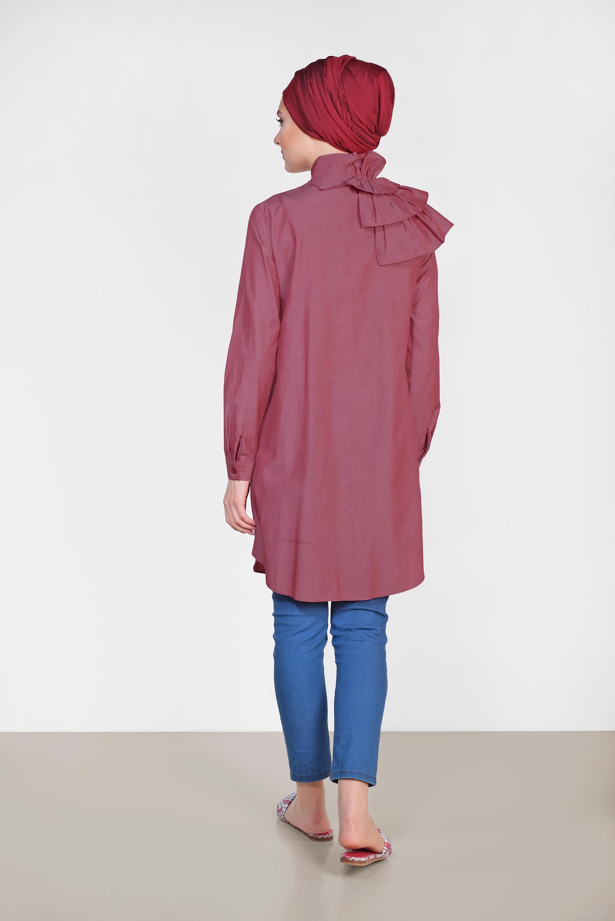 Tesettür giyim BORDO KAT KAT DETAYLI PAMUKLU TUNİK 4399