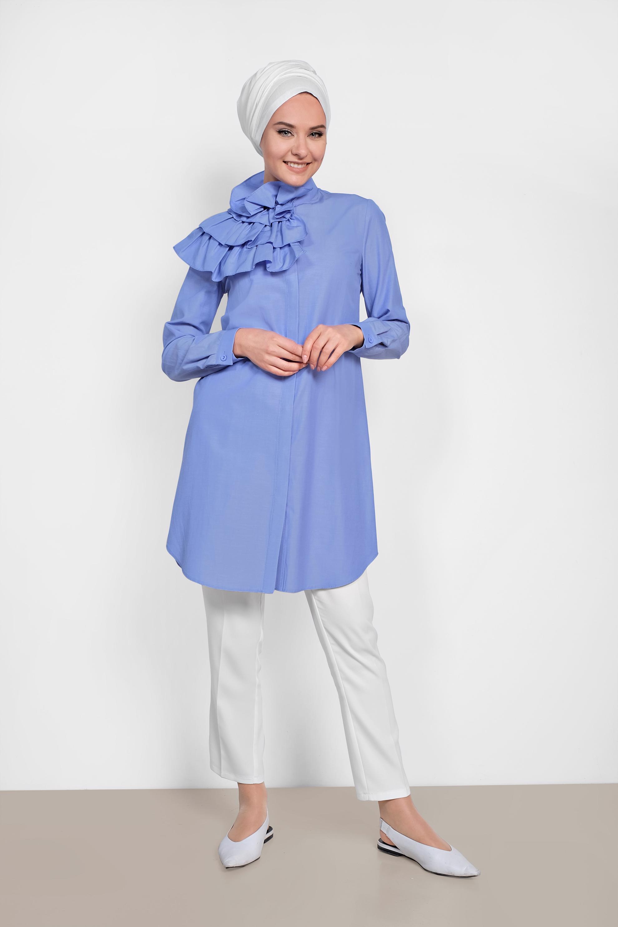 Tesettür giyim MAVİ KAT KAT DETAYLI PAMUKLU TUNİK 4399
