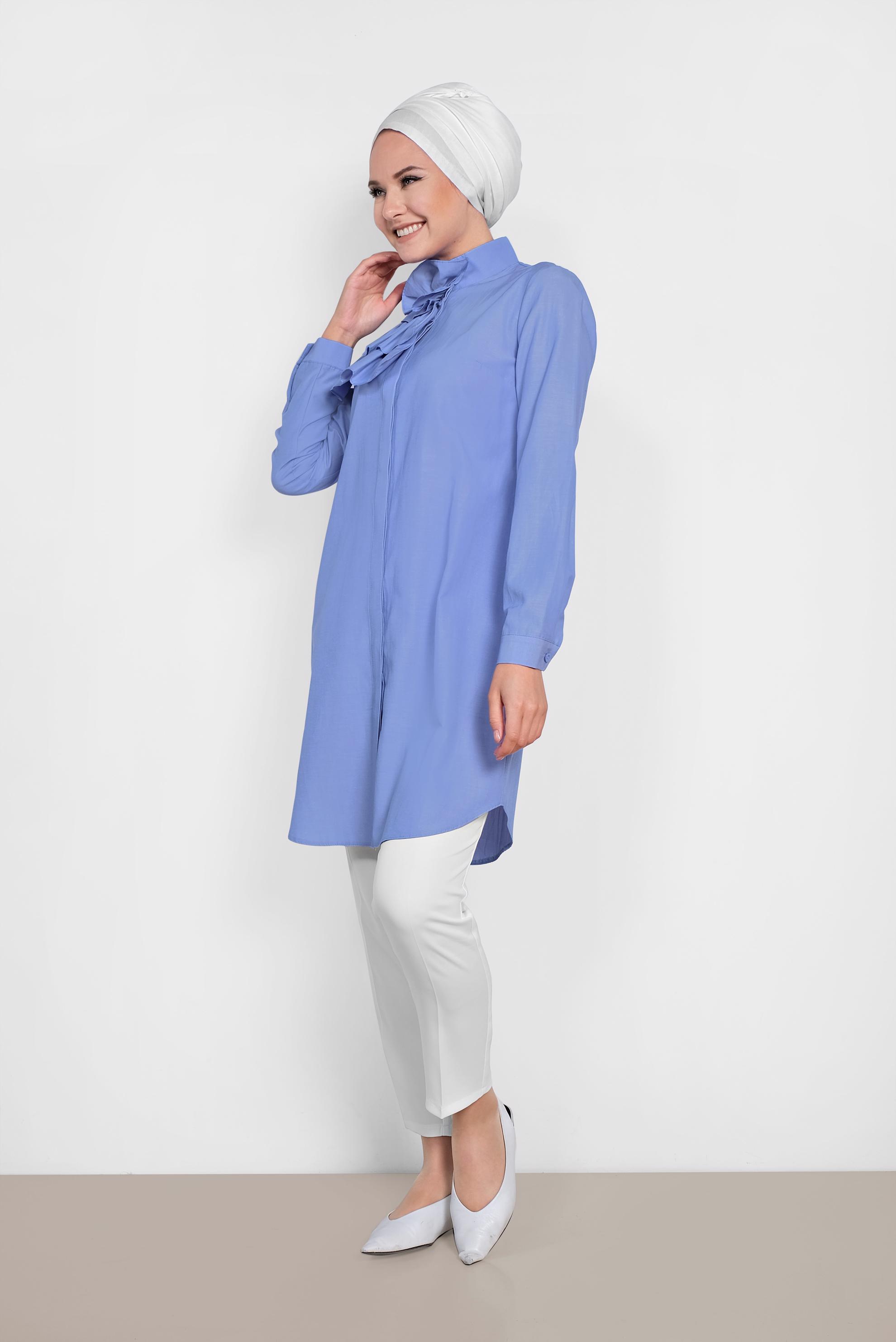 Tesettür giyim MAVİ KAT KAT DETAYLI PAMUKLU TUNİK 4399