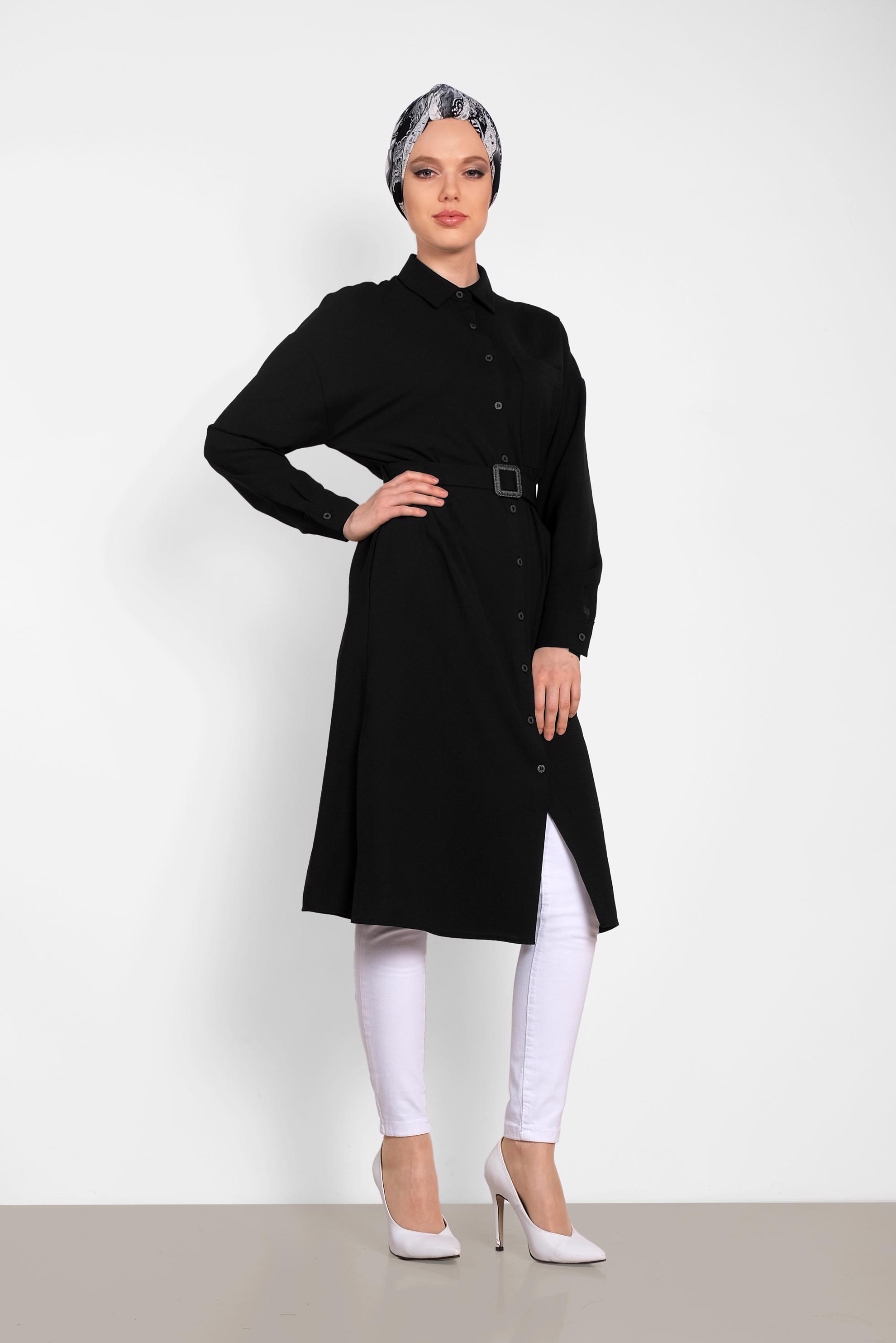 Tesettür giyim SİYAH KEMER DETAYLI UZUN TUNİK 4416 