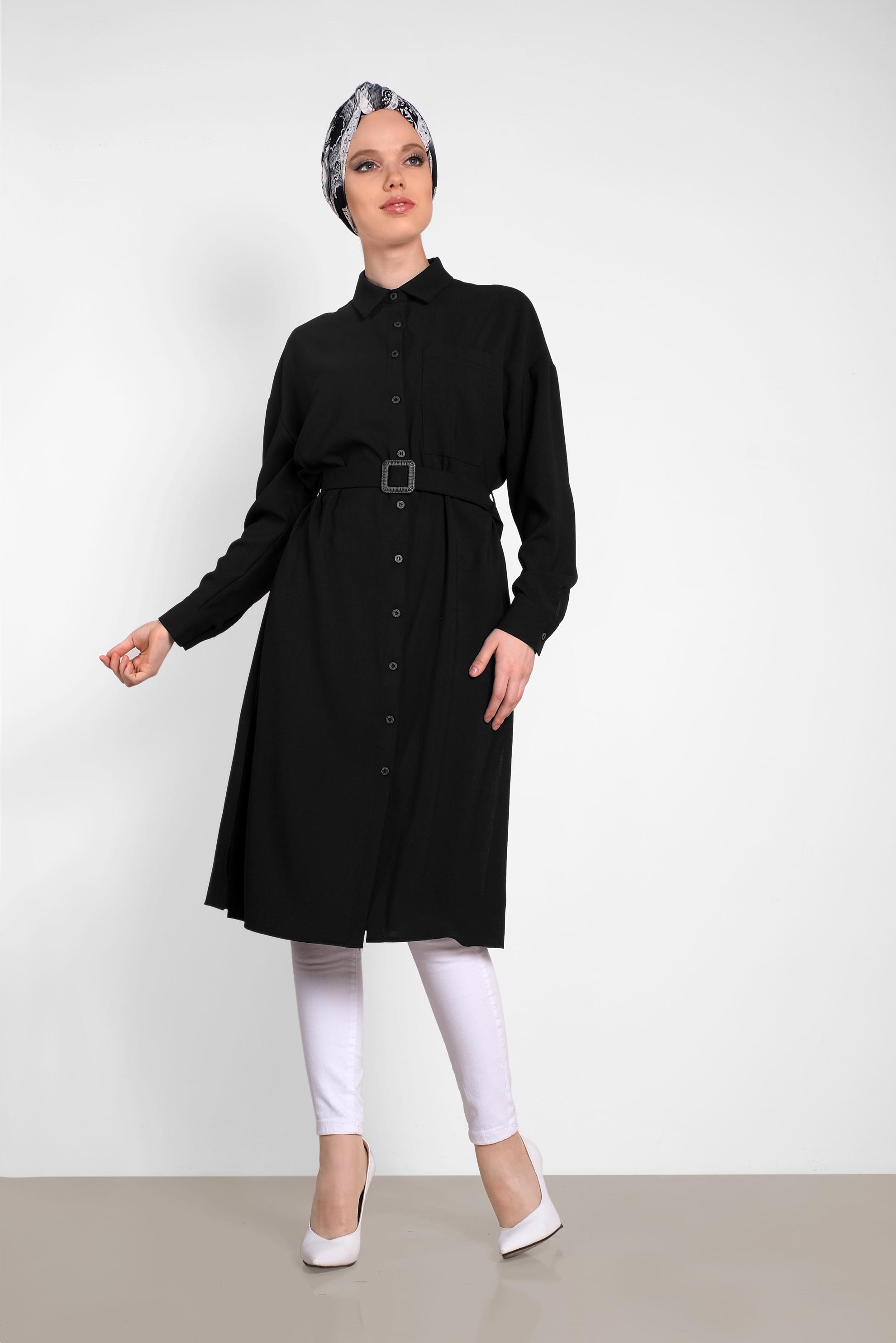 Tesettür giyim SİYAH KEMER DETAYLI UZUN TUNİK 4416 