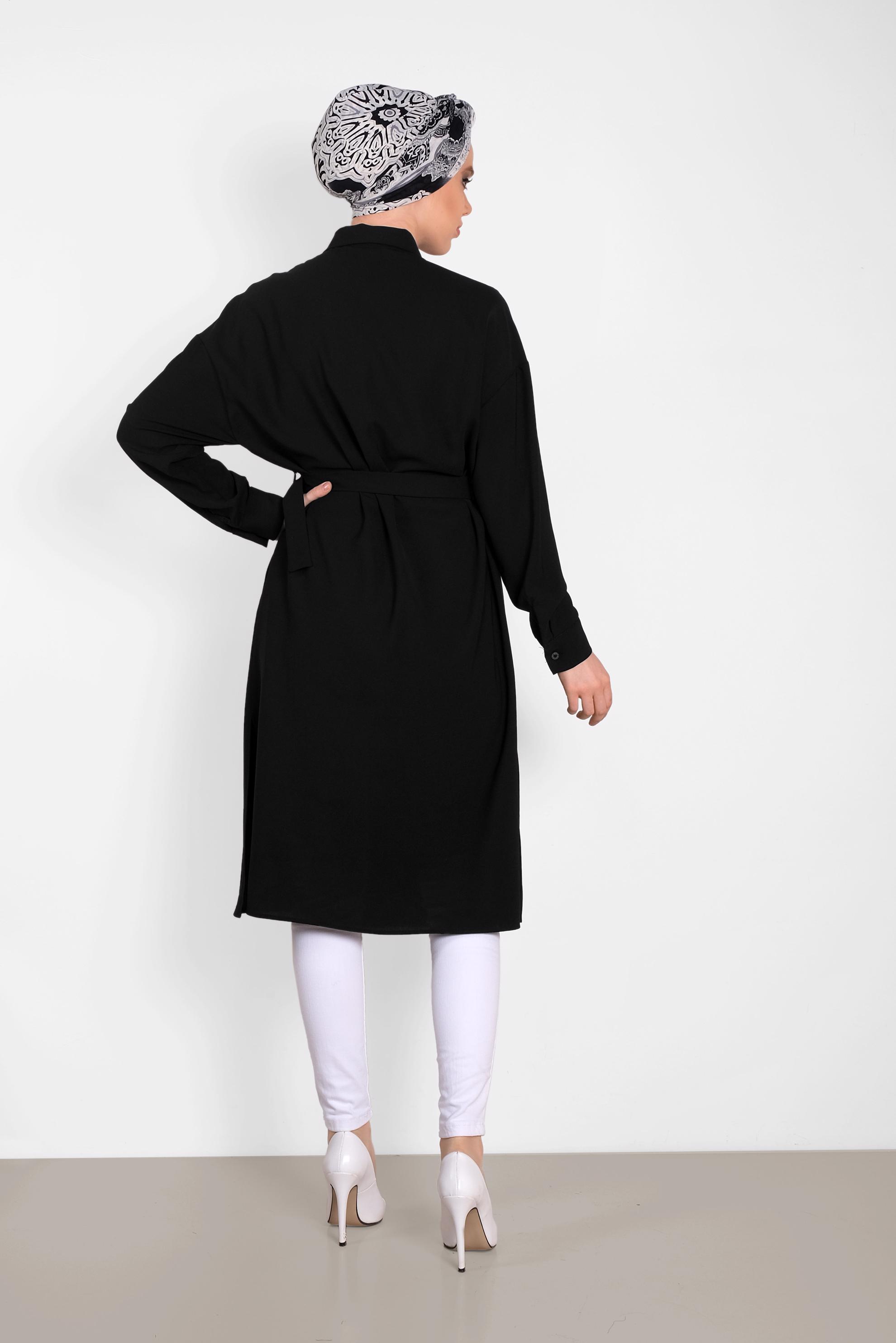 Tesettür giyim SİYAH KEMER DETAYLI UZUN TUNİK 4416 