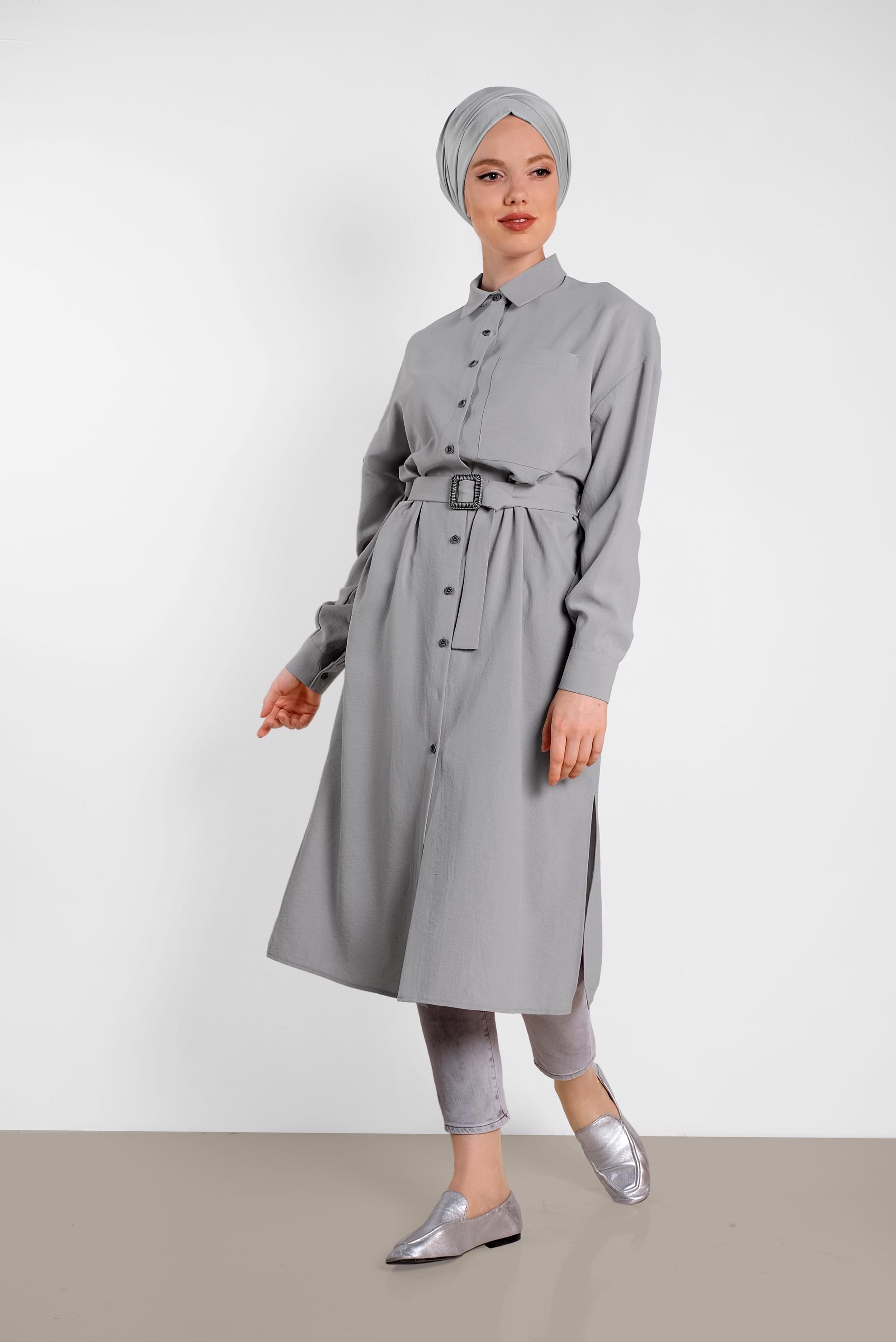 Tesettür giyim GRİ KEMER DETAYLI UZUN TUNİK 4416 