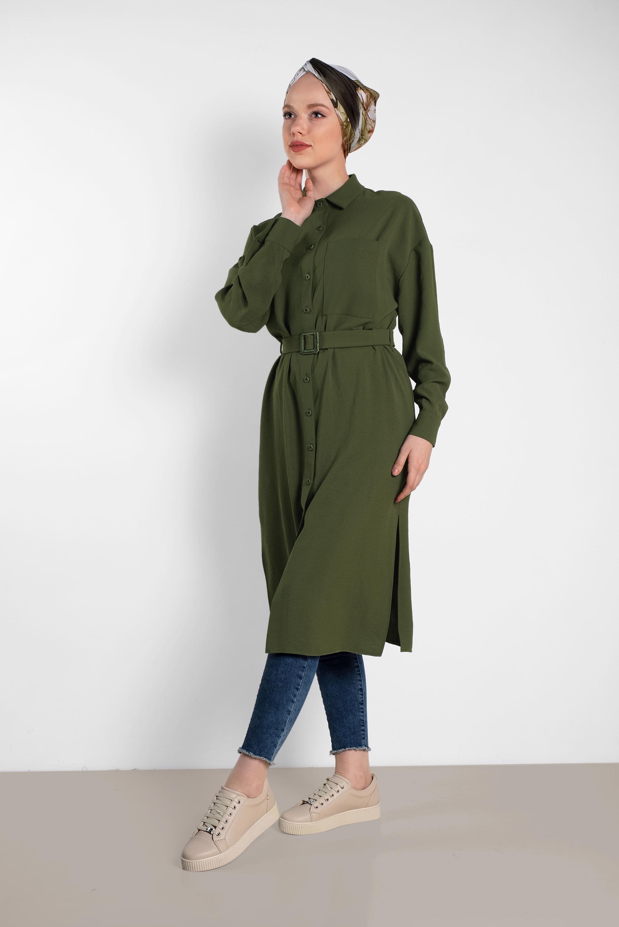 Tesettür giyim HAKİ KEMER DETAYLI UZUN TUNİK 4416 