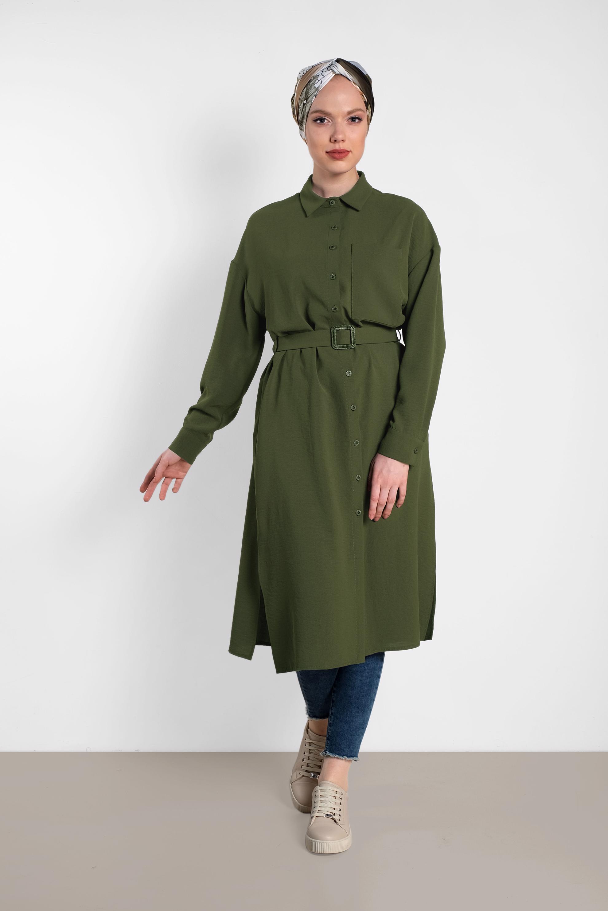 Tesettür giyim HAKİ KEMER DETAYLI UZUN TUNİK 4416 