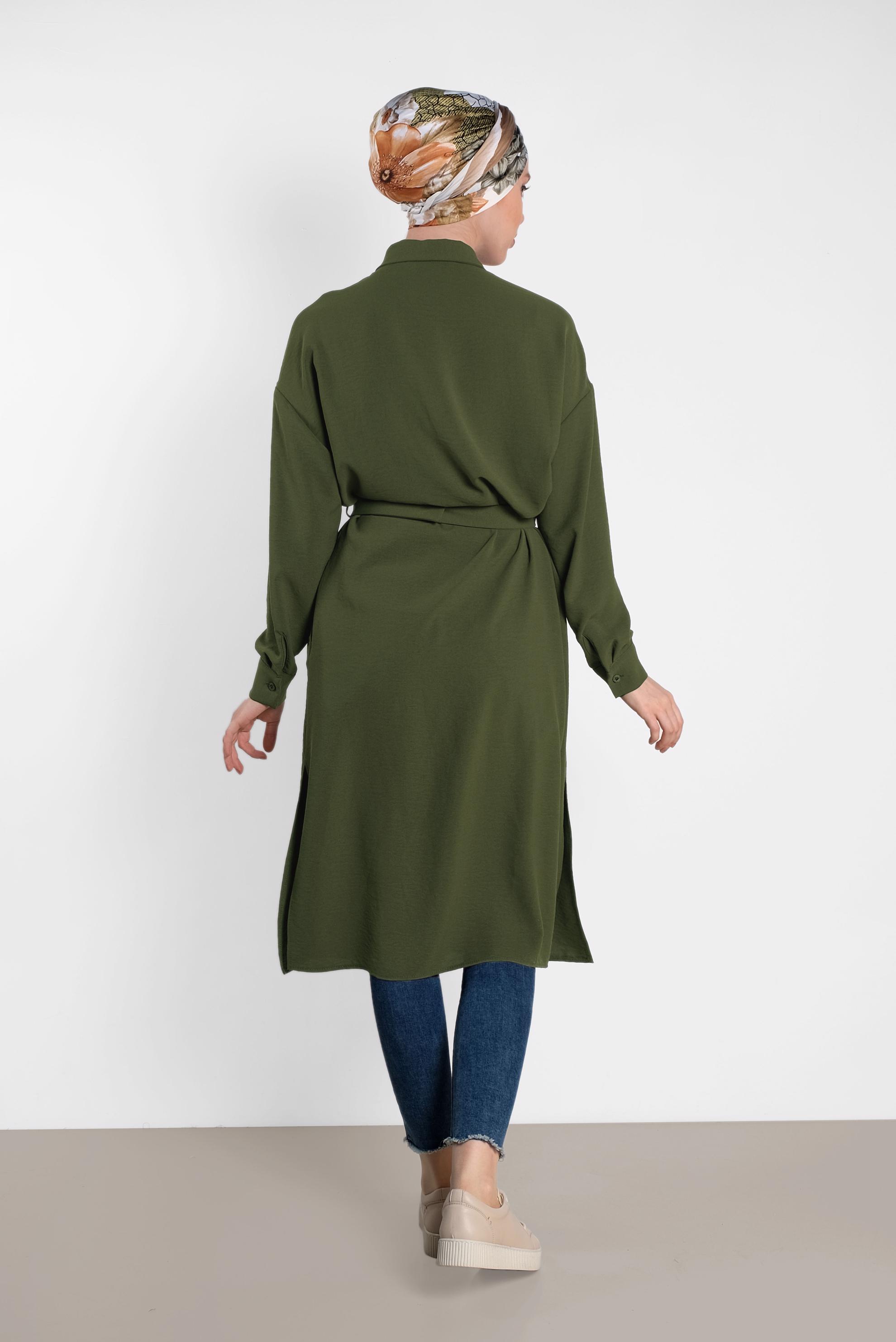 Tesettür giyim HAKİ KEMER DETAYLI UZUN TUNİK 4416 