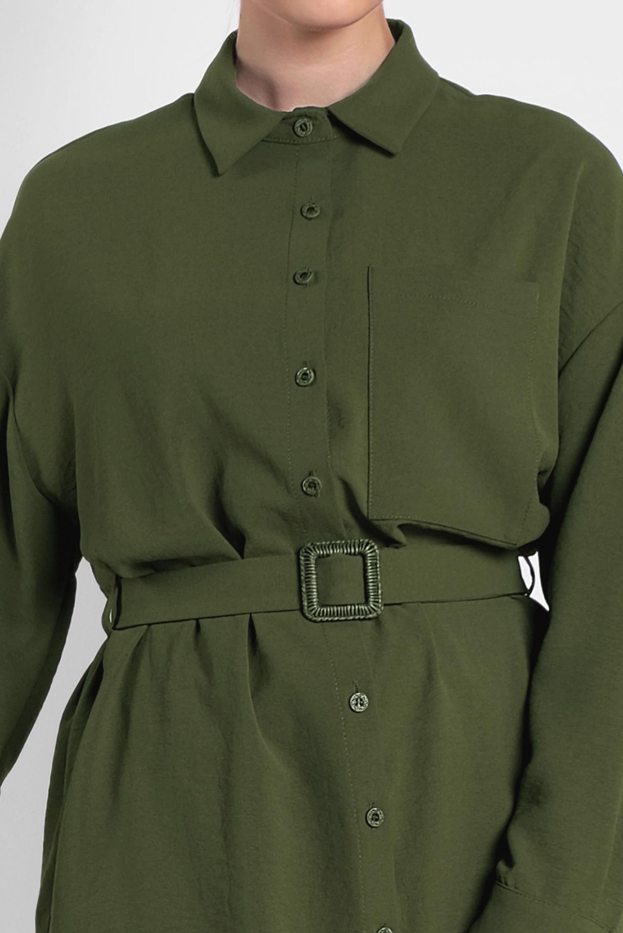 Tesettür giyim HAKİ KEMER DETAYLI UZUN TUNİK 4416 