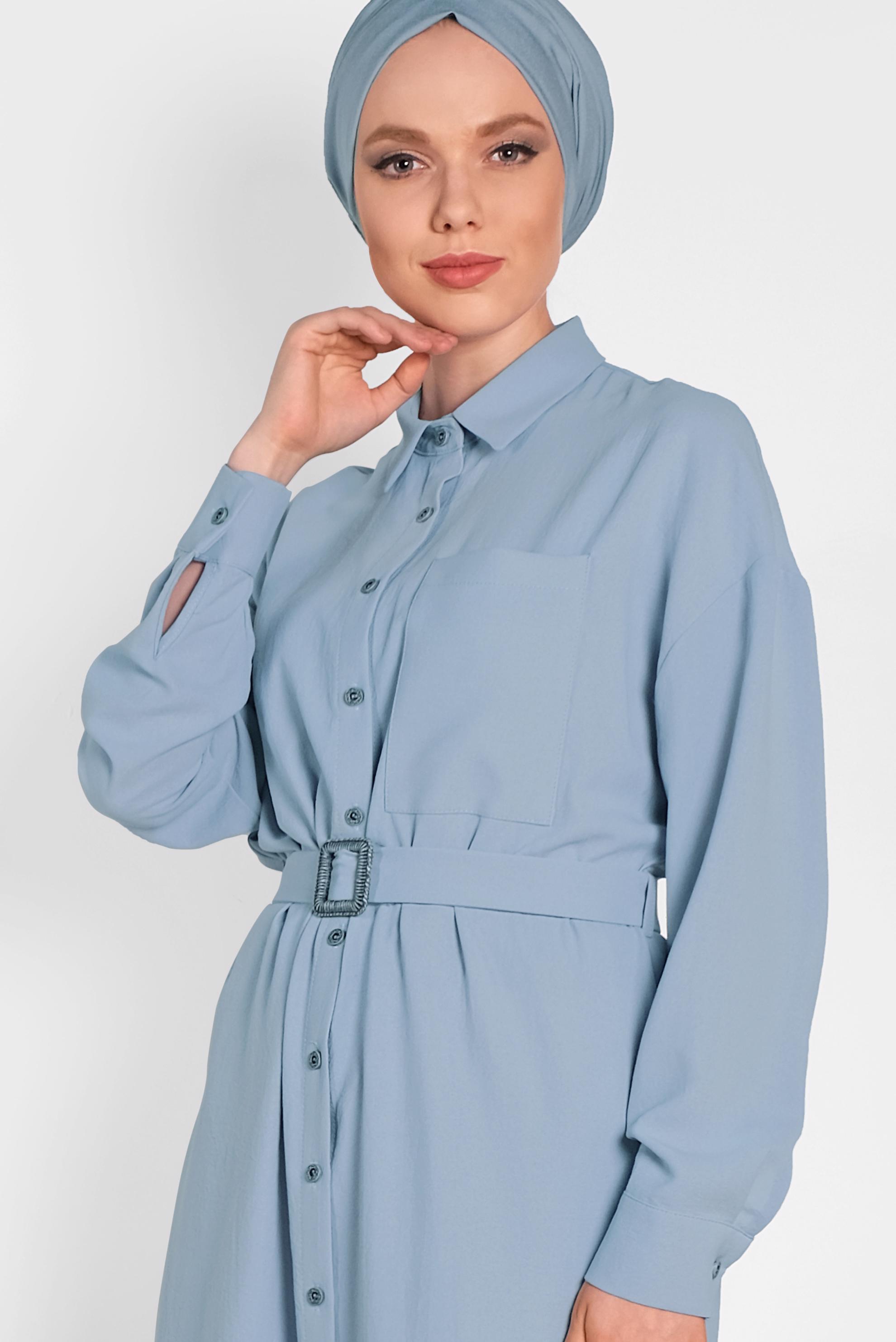 Tesettür giyim MAVİ KEMER DETAYLI UZUN TUNİK 4416 